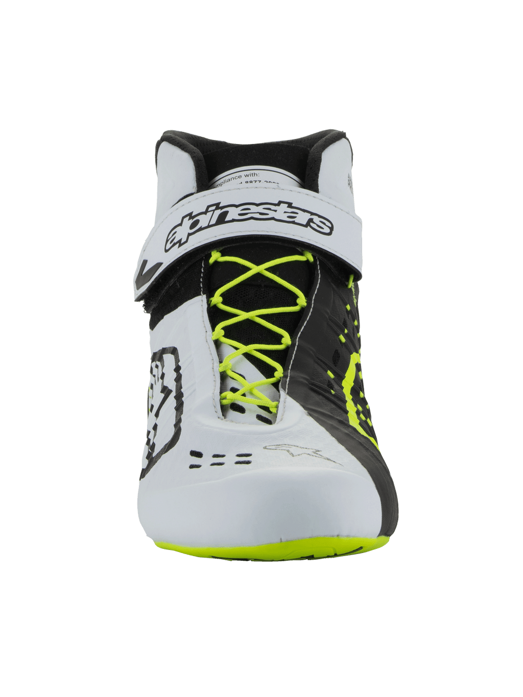 Alpinestars Tech-1 KX V3 Shoes - FIA, Karting Footwear, Black White and Yellow Fluo, front view featuring fluorescent yellow laces, white ankle strap with black branding, asymmetric color-blocked design, and laser-cut ventilation details