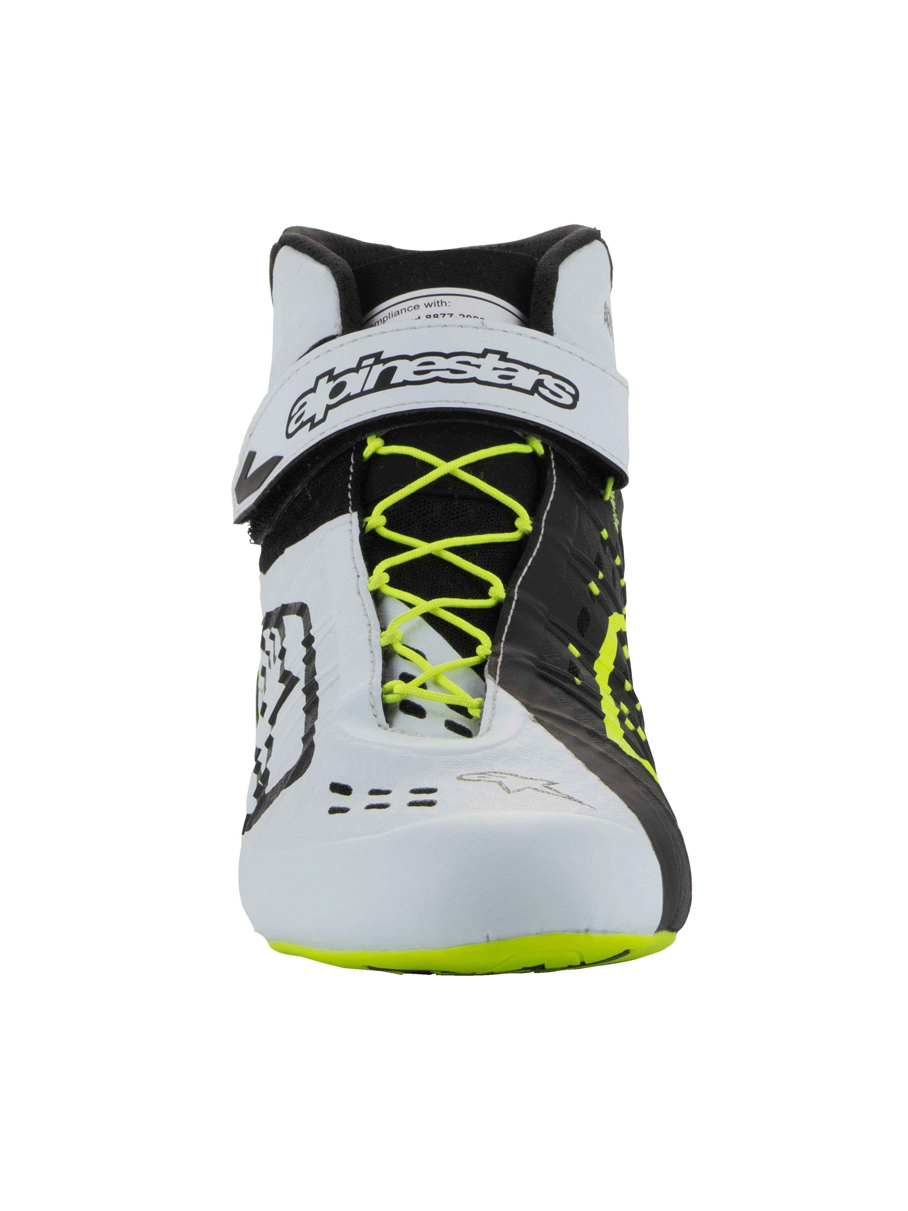 Alpinestars Tech-1 KX V3 Shoes - FIA, Karting Footwear, Black White and Yellow Fluo, front view featuring fluorescent yellow laces, white ankle strap with black branding, asymmetric color-blocked design, and laser-cut ventilation details