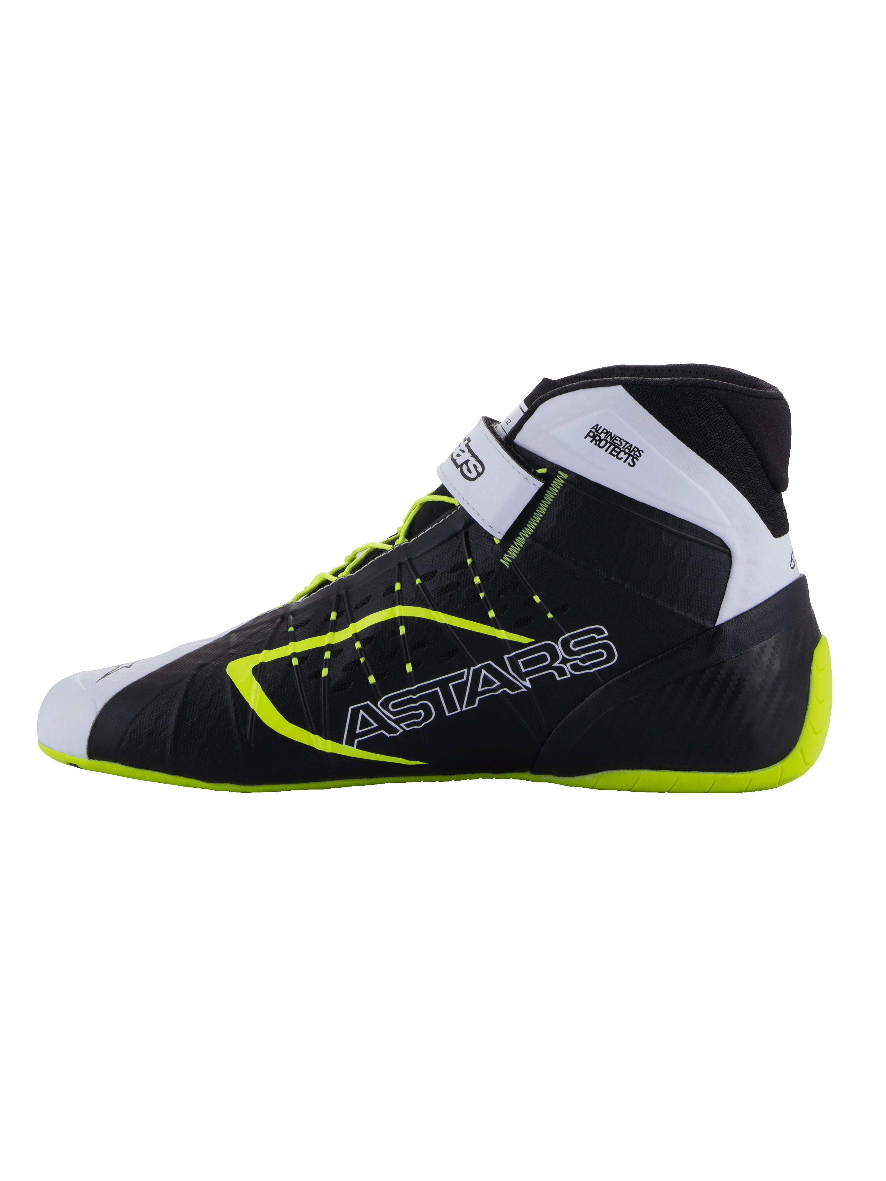 Alpinestars Tech-1 KX V3 Shoes - FIA, Karting Shoes, Black White and Yellow Fluo, sleek profile with side ASTARS branding, adjustable strap and fluorescent accents, lightweight racing footwear