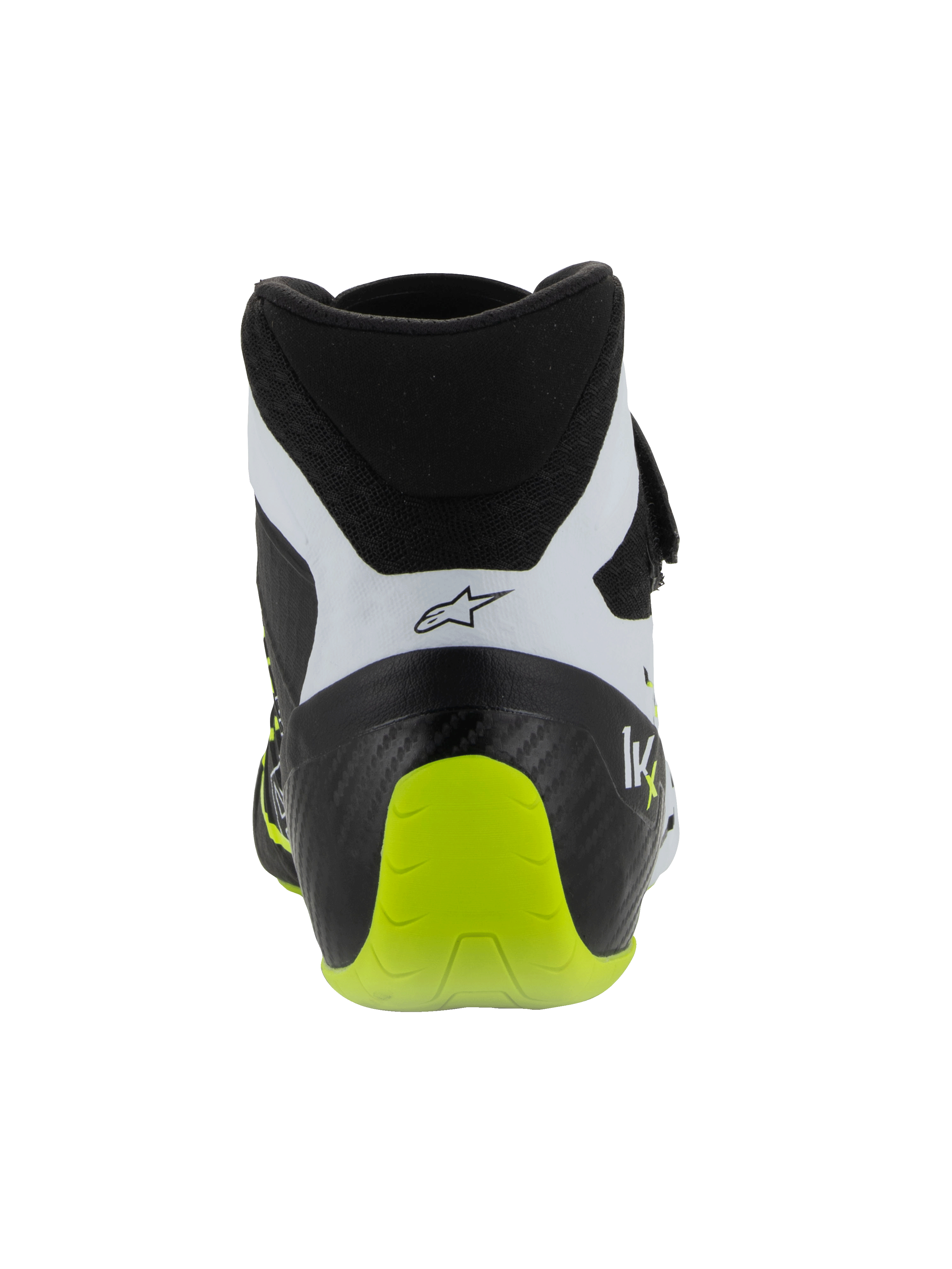 Alpinestars Tech-1 KX V3 Shoes, FIA Certified Karting Shoes, Black White and Yellow Fluo, Rear view showing the reinforced one-piece heel, bright fluo yellow accent, white paneling with black logo, technical motorsport footwear for track use.