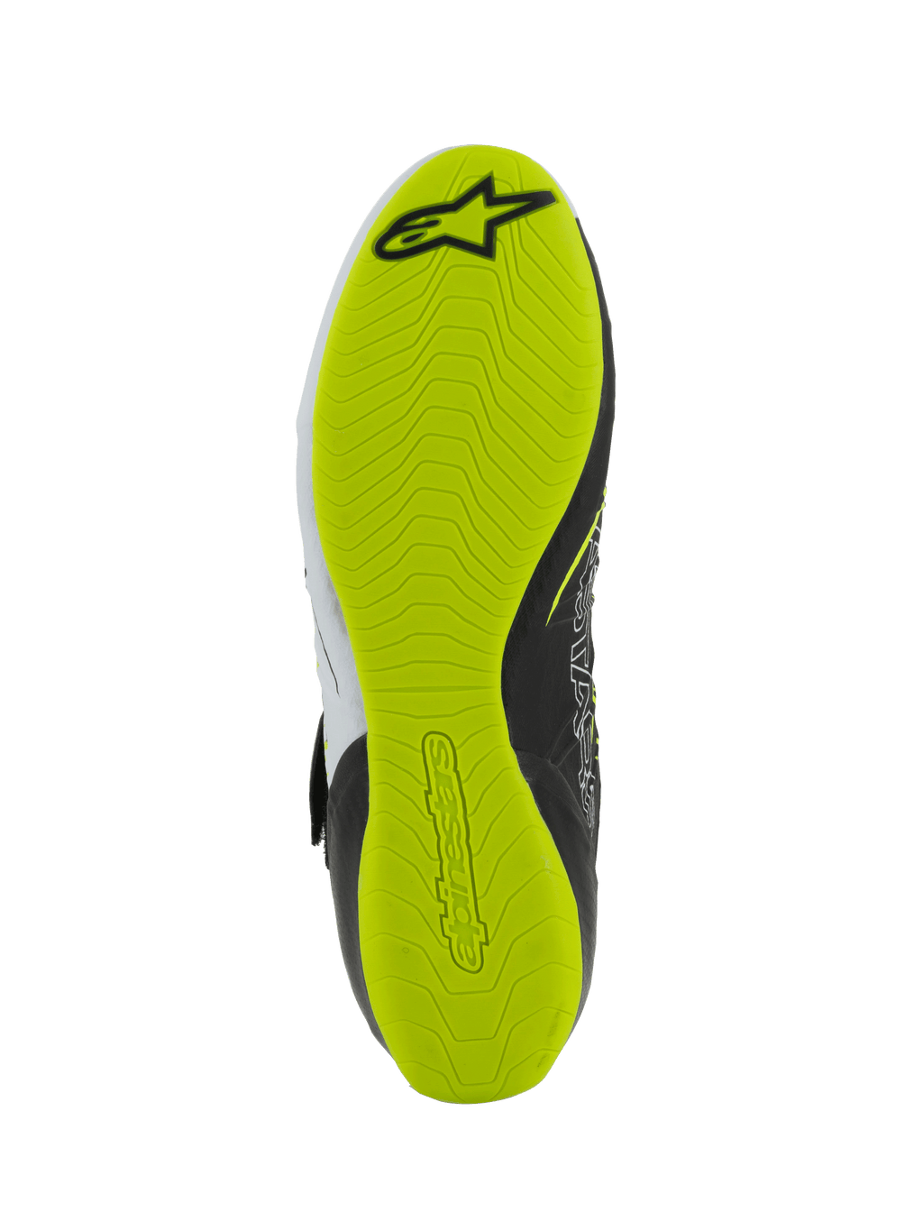 Alpinestars Tech-1 KX V3 Shoes - FIA, karting shoes, bottom view of the sole, bright yellow fluo rubber with textured grip pattern, featuring black Alpinestars logo and embossed branding for pedal sensitivity