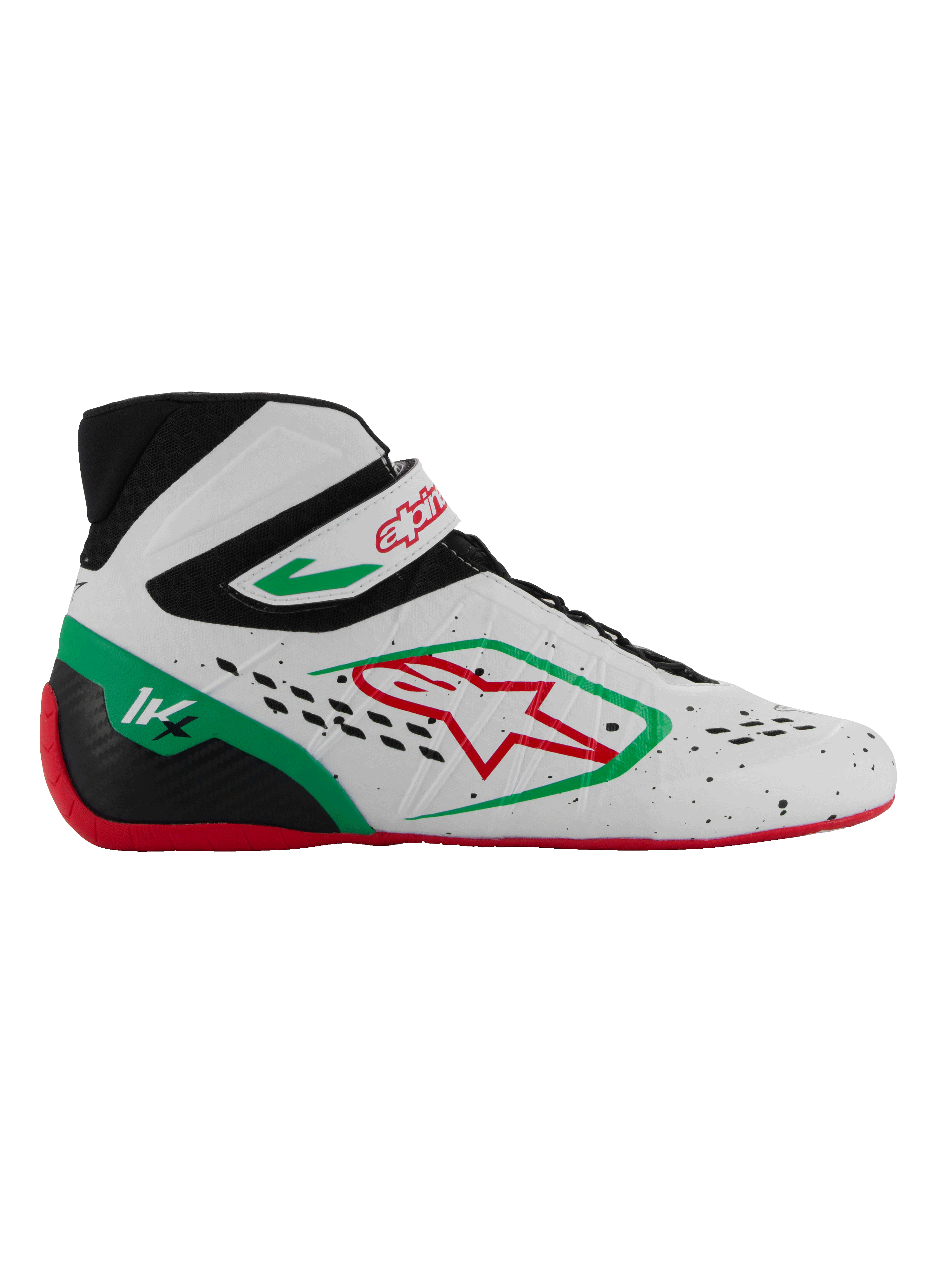Alpinestars Tech-1 KX V3 Shoes, FIA-approved karting racing shoes, white with black, green, and red accents, red star logo, red sole, high-top design with Velcro strap, breathable perforated upper, 1K heel marking