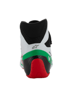 Alpinestars Tech-1 KX V3 Shoes - FIA, Karting Shoes, White Green and Red, rear view showing the low-cut microfiber collar, reinforced black and red heel structure, and Alpinestars logo.