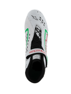 Alpinestars Tech-1 KX V3 Shoes, FIA-homologated Karting Shoes, White with Green and Red accents, top-down view showing asymmetric lacing, adjustable strap with red logo, and laser-cut perforations on the toe.