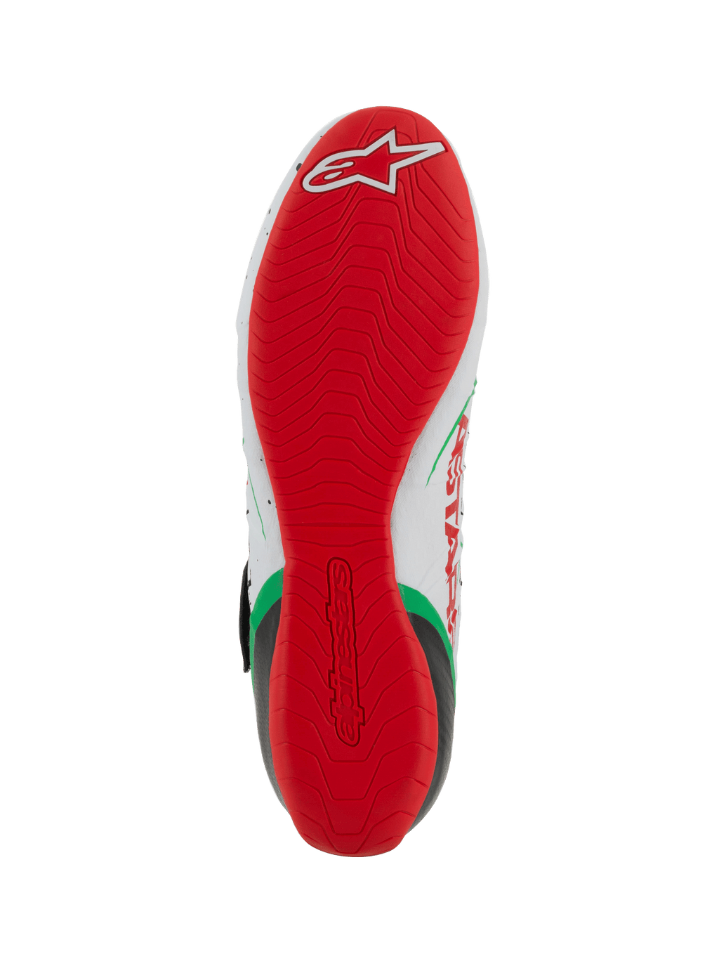 Alpinestars Tech-1 KX V3 Karting Shoes, Sole View, Bright Red thin rubber outsole with textured grip pattern, white Alpinestars logo at the heel, White Green and Red colorway