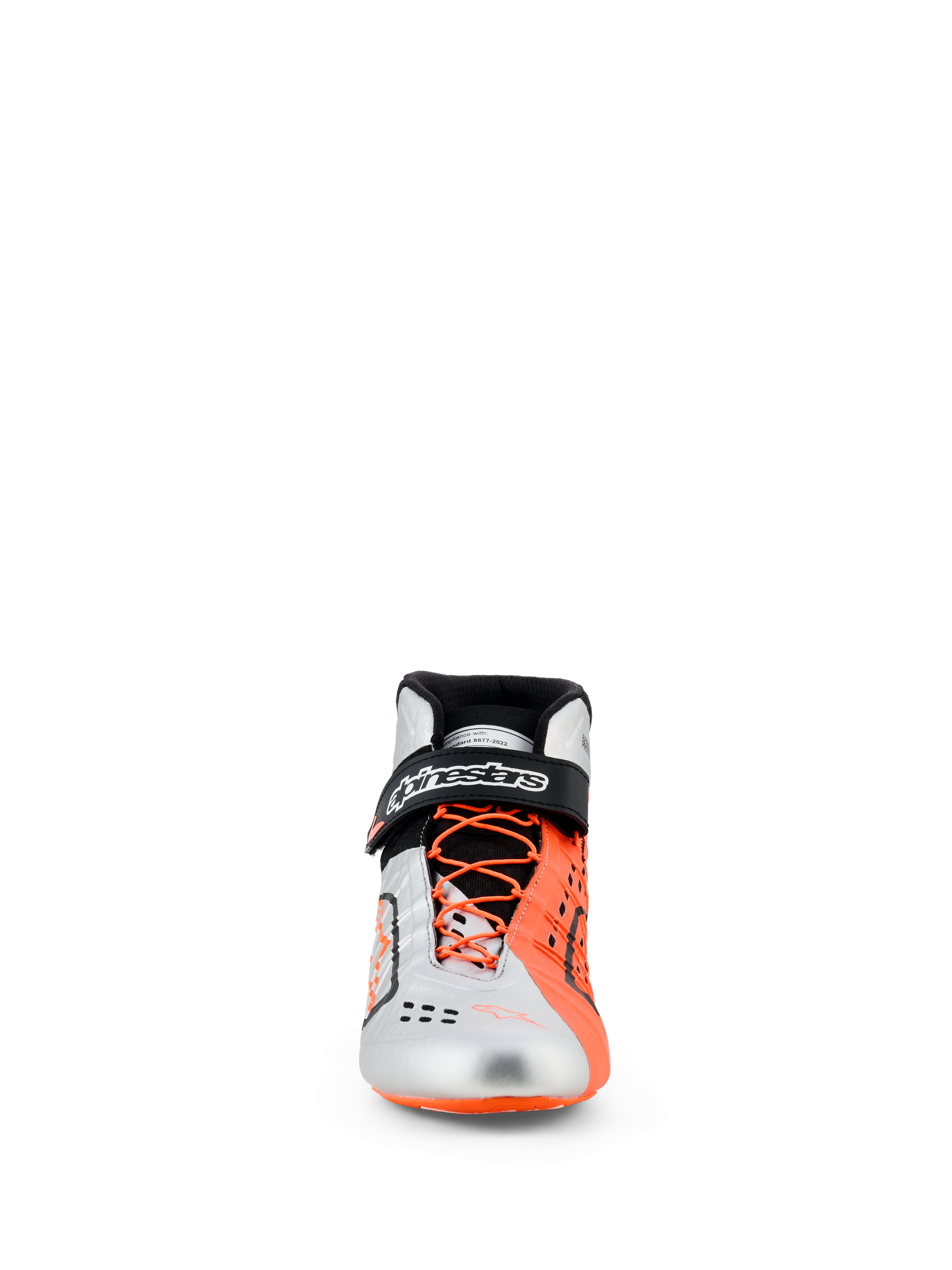 Alpinestars Tech-1 KX V3 Shoes, Karting Shoes, Black Silver and Orange Fluo, front view, silver and fluorescent orange upper, asymmetric orange laces, black ankle strap with white branding, sleek FIA-certified racing footwear