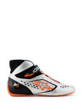 Alpinestars Tech-1 KX V3 Shoes, Karting Shoes, Silver Black and Fluo Orange, profile view featuring seamless thermo-welded construction, asymmetric orange lacing, bold orange Astar logo on the side, and thin fluo orange rubber sole
