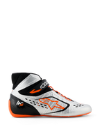 Alpinestars Tech-1 KX V3 Shoes, Karting Shoes, Silver Black and Fluo Orange, profile view featuring seamless thermo-welded construction, asymmetric orange lacing, bold orange Astar logo on the side, and thin fluo orange rubber sole