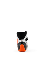 Alpinestars Tech-1 KX V3 Shoes, Karting Shoes, Black Silver and Orange Fluo, rear view featuring bright orange textured heel and silver side panels, high-cut design for professional racing