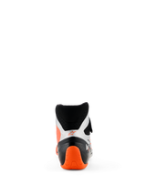 Alpinestars Tech-1 KX V3 Shoes, Karting Shoes, Black Silver and Orange Fluo, rear view featuring bright orange textured heel and silver side panels, high-cut design for professional racing