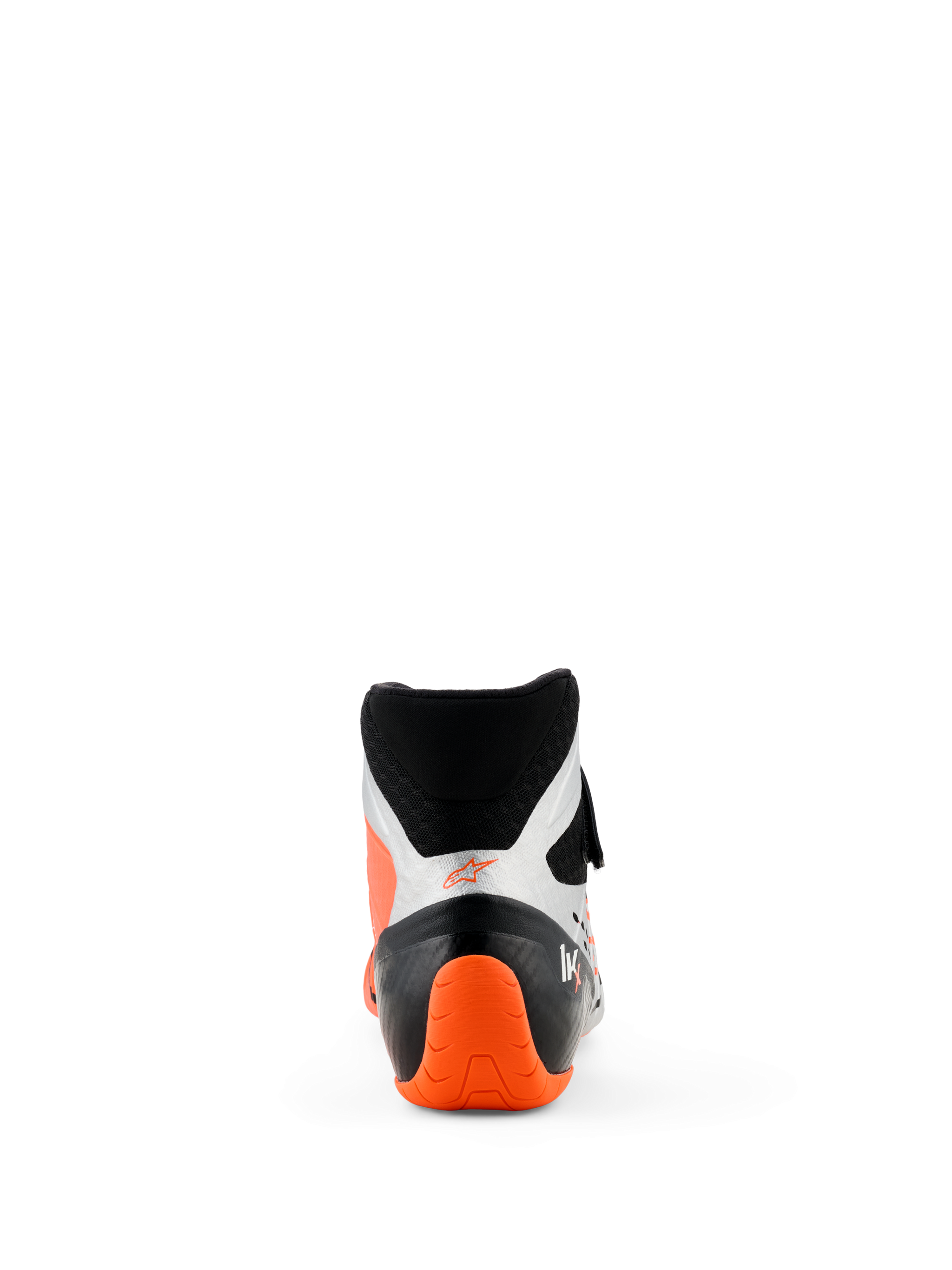 Alpinestars Tech-1 KX V3 Shoes, Karting Shoes, Black Silver and Orange Fluo, rear view featuring bright orange textured heel and silver side panels, high-cut design for professional racing