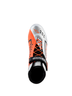 Alpinestars Tech-1 KX V3 Shoes - FIA, Karting Shoes, Black Silver and Orange Fluo, top-down view showing asymmetric lacing with orange laces, Velcro strap with logo, and breathable laser-cut perforations on the silver toe.