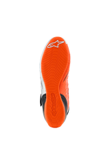 Alpinestars Tech-1 KX V3 Shoes, Sole View, Bright Orange Fluo Rubber, wavy textured tread pattern with white logo and embossed branding, designed for karting grip and pedal sensitivity