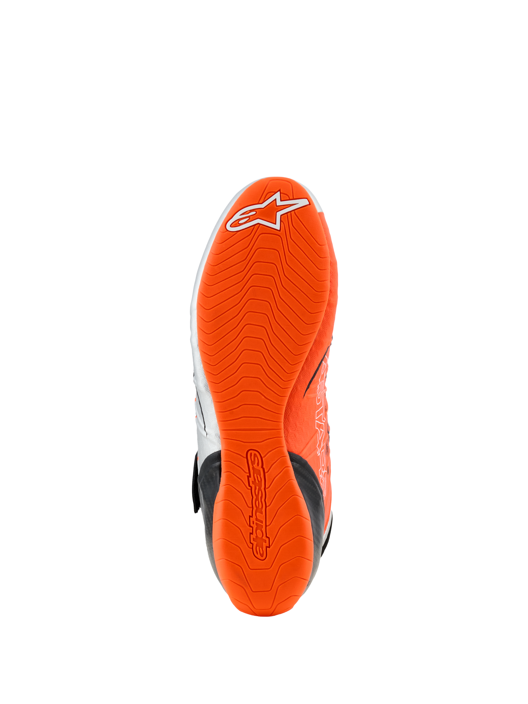 Alpinestars Tech-1 KX V3 Shoes, Sole View, Bright Orange Fluo Rubber, wavy textured tread pattern with white logo and embossed branding, designed for karting grip and pedal sensitivity