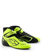 Alpinestars Tech-1 KX V3 Karting Shoes, Black and Yellow Fluo, sleek performance profile, asymmetric lacing with adjustable ankle strap, laser-cut perforations for breathability, lightweight thermo-welded construction, FIA 8877-2022 certified motorsport footwear