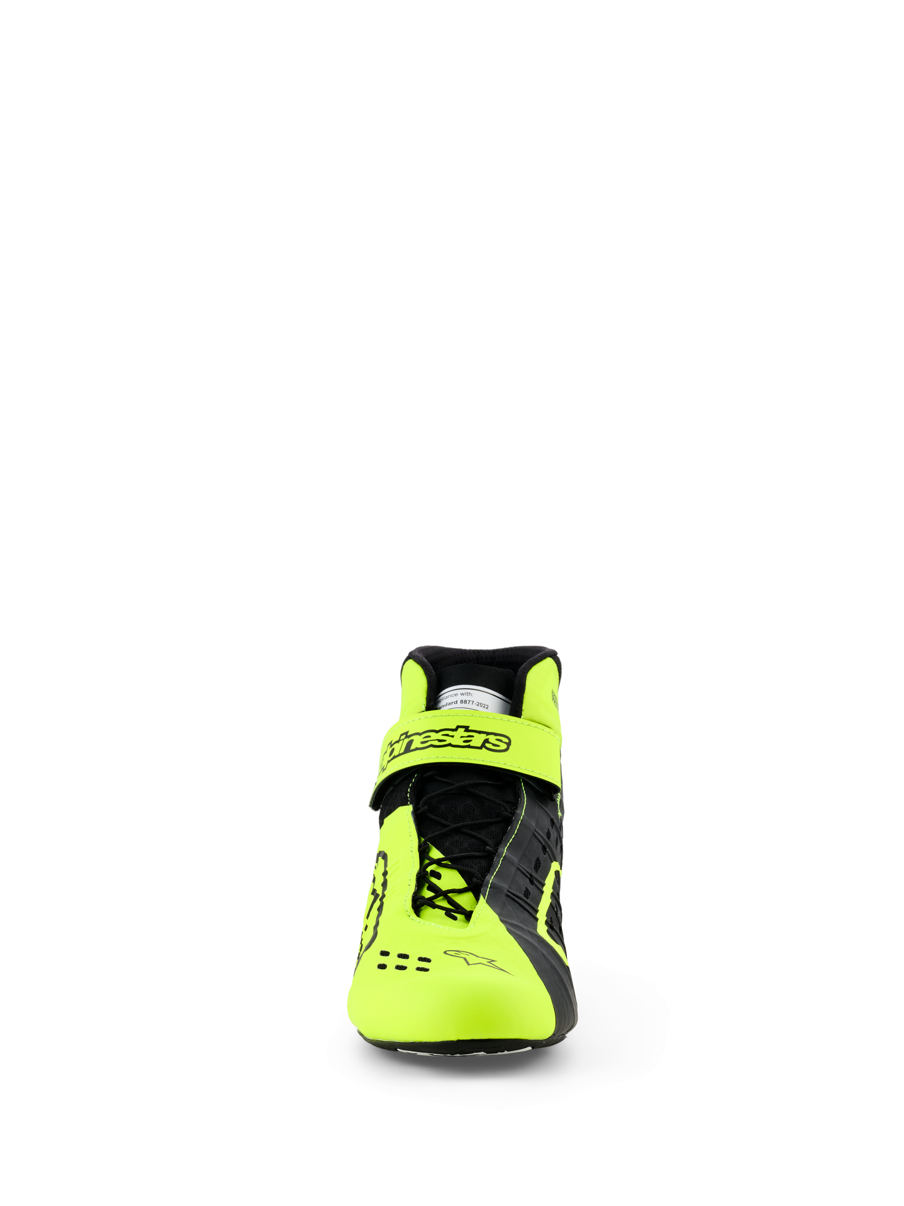Alpinestars Tech-1 KX V3 Shoes, Karting Shoes, Black and Yellow Fluo, front view showing the asymmetric lacing system and adjustable ankle strap with Alpinestars logo, sleek lightweight design for FIA-certified racing performance