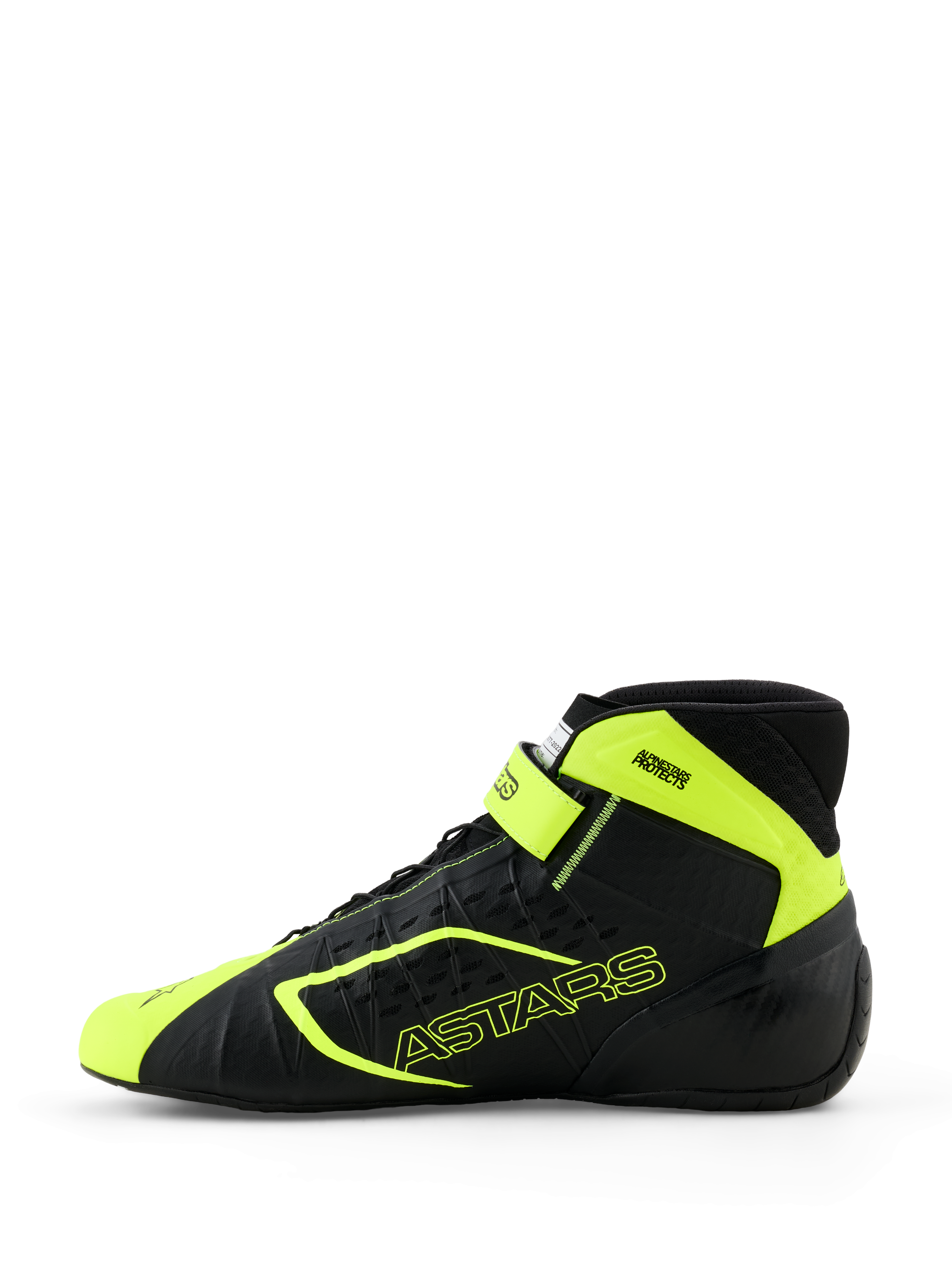 Alpinestars Tech-1 KX V3 Karting Shoes, Black and Yellow Fluo, side profile view showing seamless thermo-welded construction, laser-cut perforations, bright yellow accents with ASTARS branding, and adjustable ankle strap, sleek motorsport design