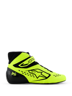 Alpinestars Tech-1 KX V3 Karting Shoes, Yellow Fluo and Black, side profile view featuring bold Alpinestars logo, adjustable ankle strap, and laser-cut perforations for breathability, professional motorsport footwear.