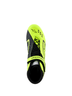 Alpinestars Tech-1 KX V3 Shoes, Karting Shoes, Black and Yellow Fluo, top-down view showing asymmetric lacing system and adjustable strap, featuring laser-cut perforations for breathability, designed for kart racing