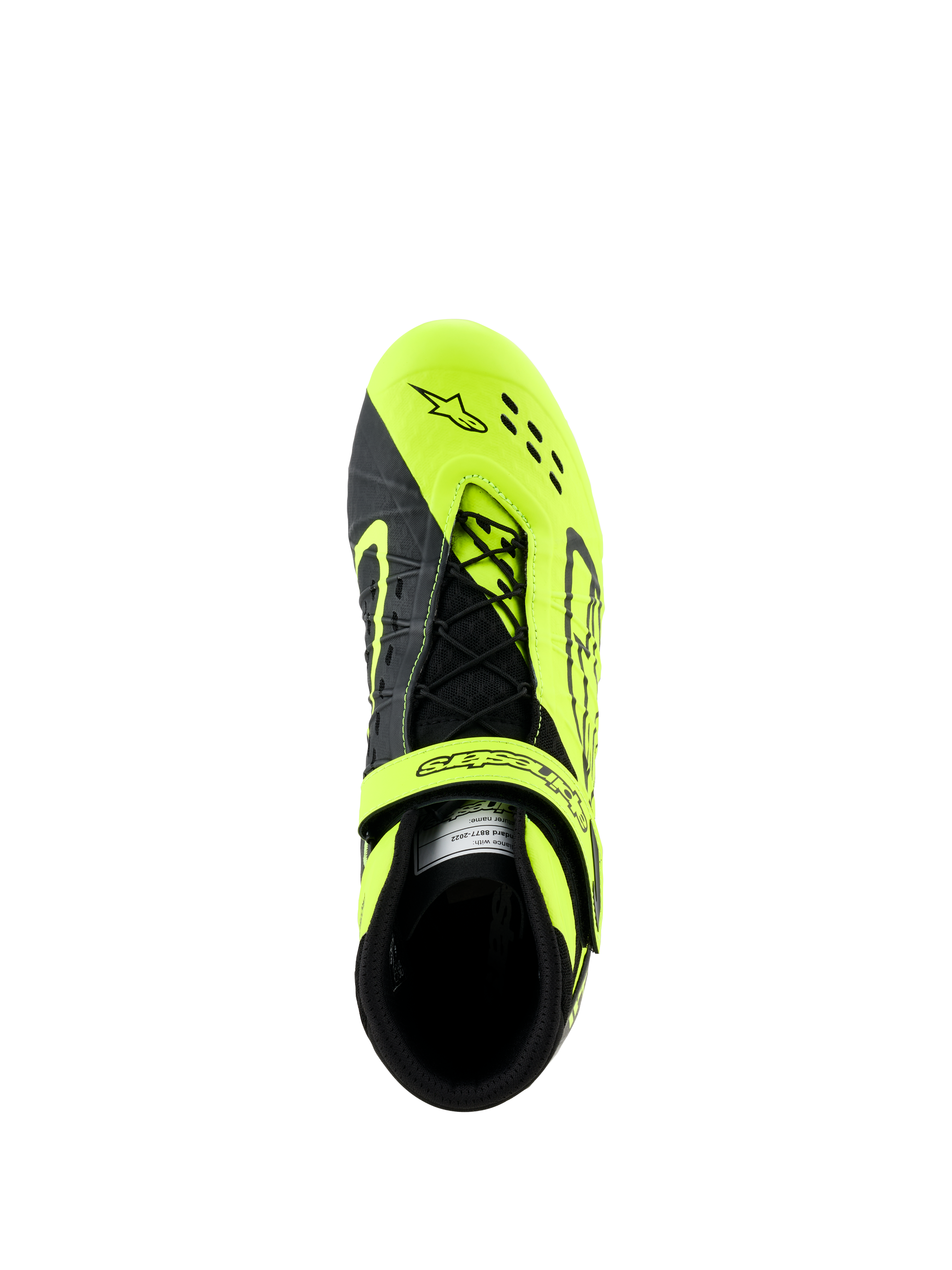 Alpinestars Tech-1 KX V3 Shoes, Karting Shoes, Black and Yellow Fluo, top-down view showing asymmetric lacing system and adjustable strap, featuring laser-cut perforations for breathability, designed for kart racing