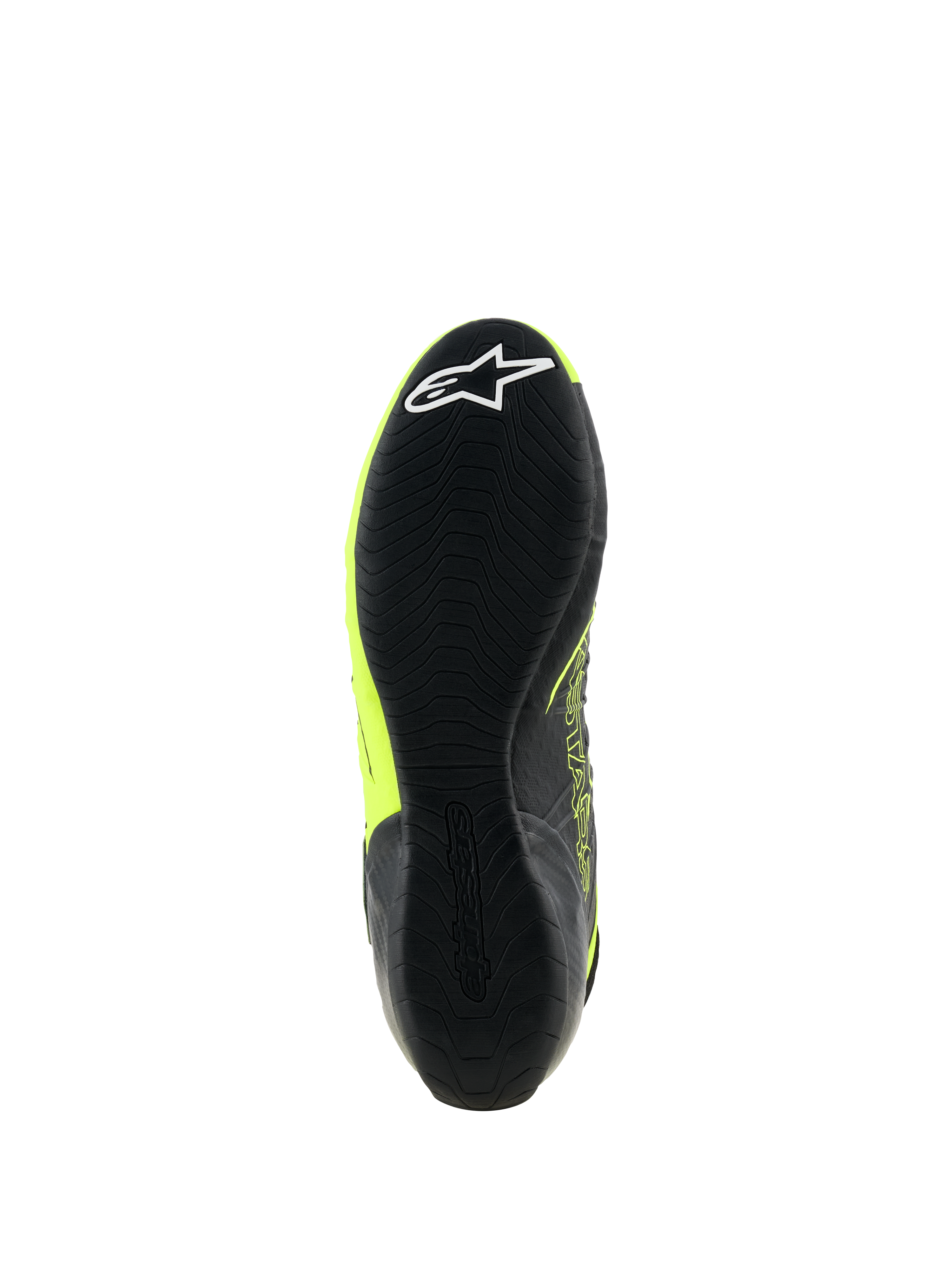 Alpinestars Tech-1 KX V3 Shoes, Karting Shoes, Black and Yellow Fluo, bottom view of the thin rubber sole with textured grip pattern and white star logo on the heel, designed for motorsport performance.