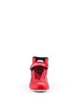 Alpinestars Tech-1 KX V3 Shoes - FIA, Karting Shoes, Red and Black, front view featuring asymmetric speed lacing, velcro ankle strap with white branding, and sleek thermo-welded construction