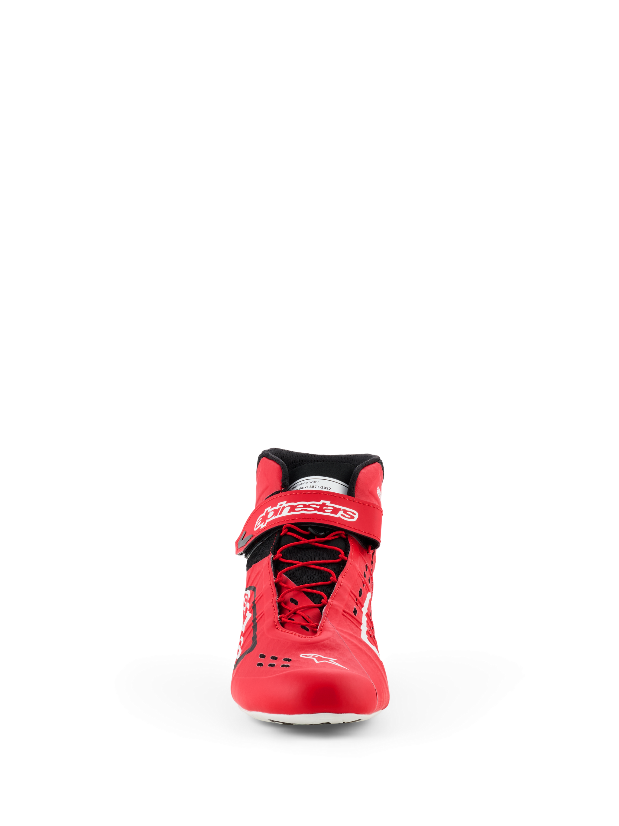 Alpinestars Tech-1 KX V3 Shoes - FIA, Karting Shoes, Red and Black, front view featuring asymmetric speed lacing, velcro ankle strap with white branding, and sleek thermo-welded construction