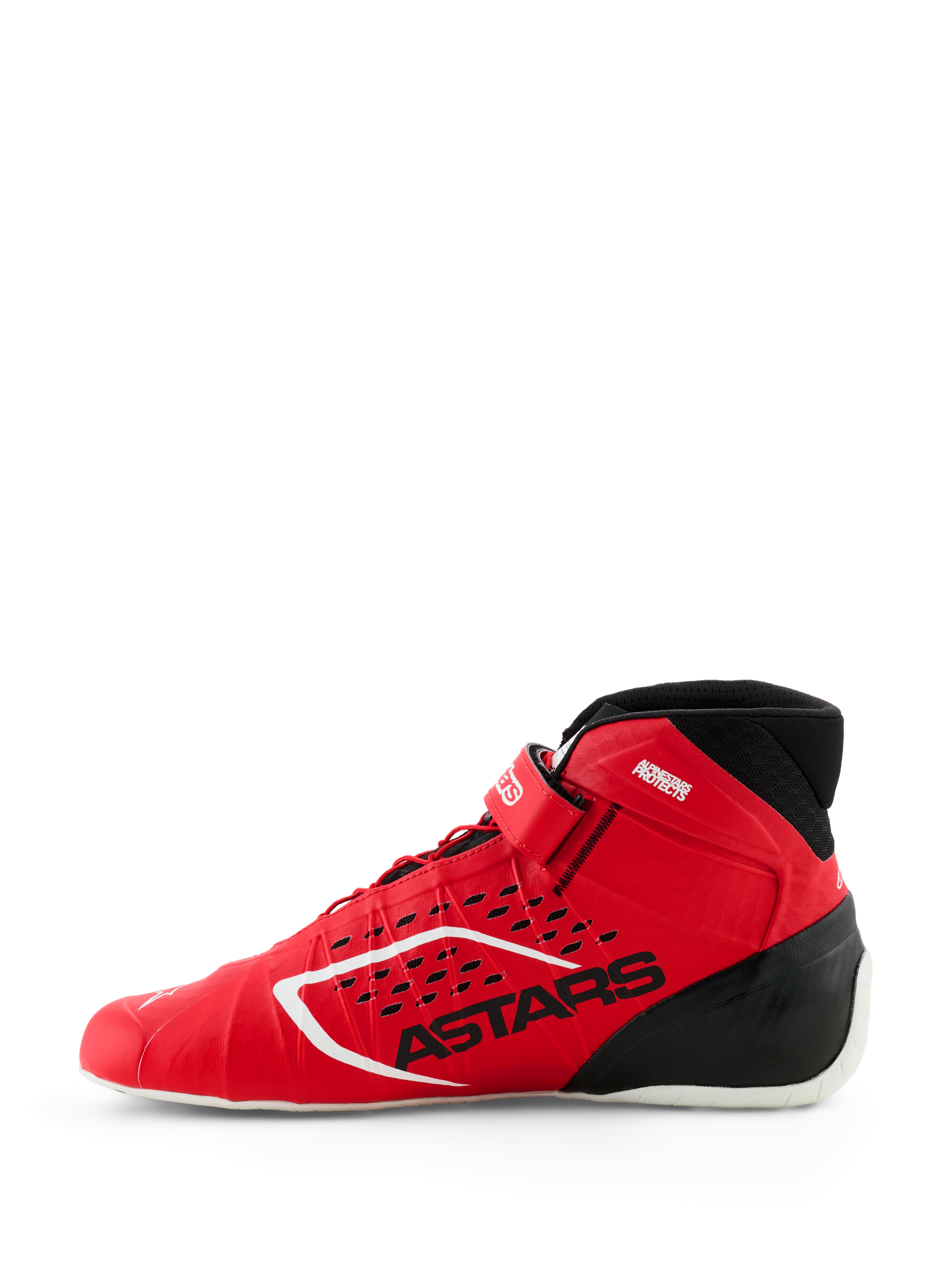 Alpinestars Tech-1 KX V3 Shoes, FIA Karting Shoes, Red and Black, side profile view, featuring seamless thermo-welded construction, laser-cut perforations, black ASTARS branding, and lightweight racing design.