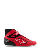 Alpinestars Tech-1 KX V3 Karting Shoes, Red and Black, side profile view with large white Alpinestars logo, asymmetric lacing system, velcro ankle strap, and lightweight seamless design for motorsport performance