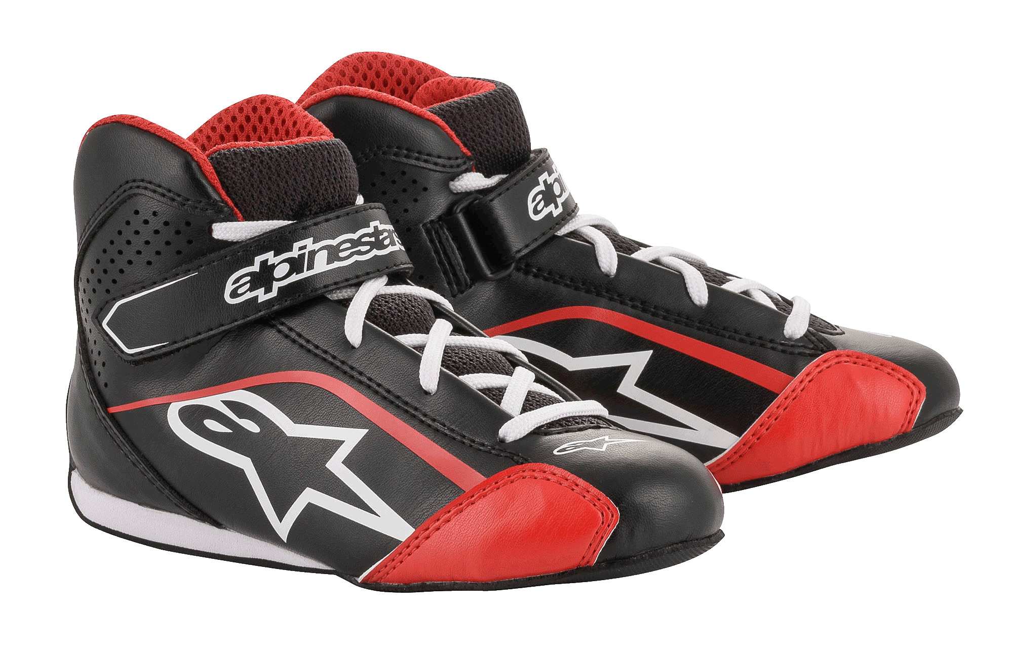 Alpinestars Youth Tech-1 K Shoes, Karting Shoes, Black White and Red, featuring a lightweight microfiber upper with red accents, white laces, and secure hook-and-loop ankle strap, designed for youth kart racing