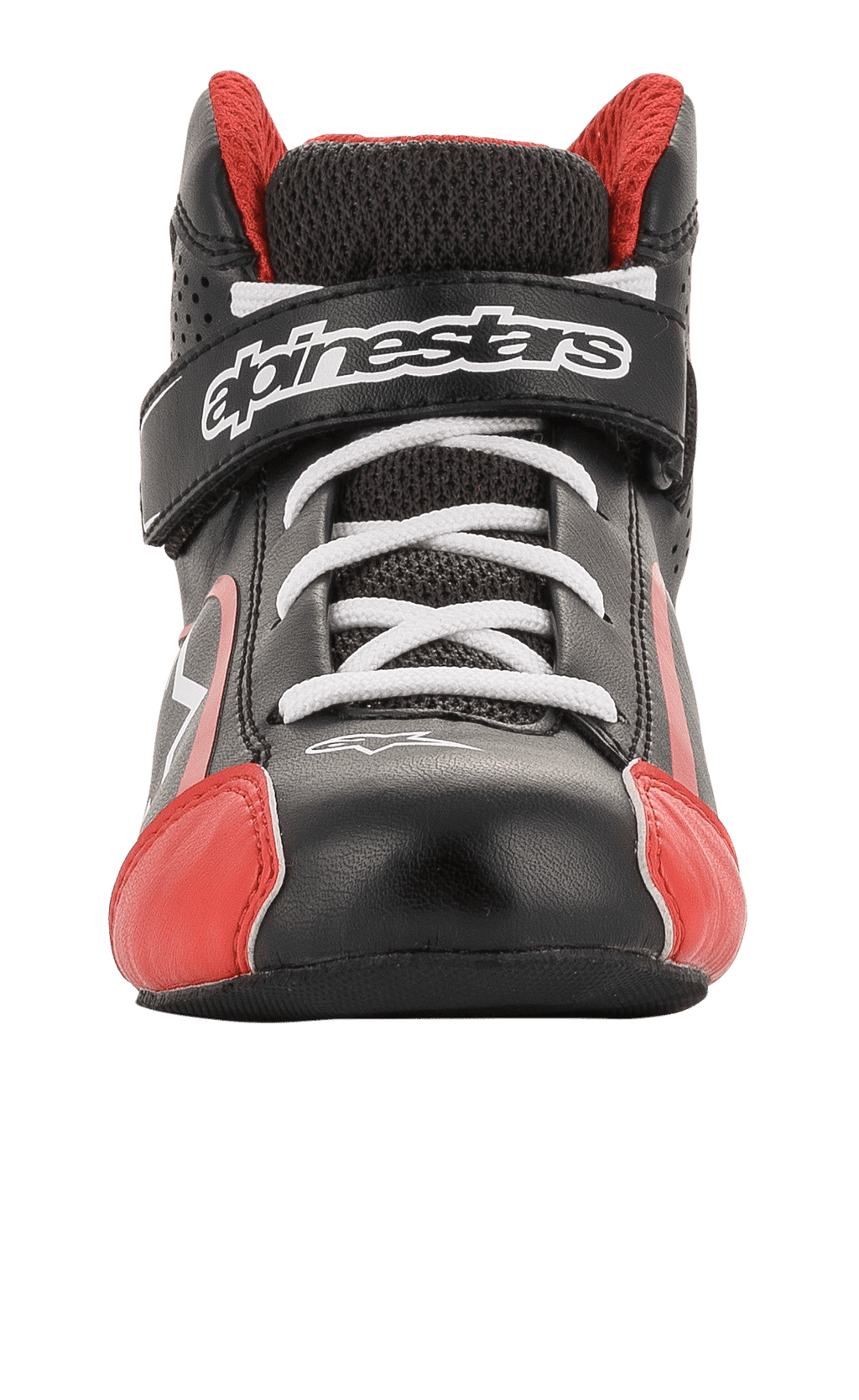 Alpinestars Youth Tech-1 K Shoes, Karting Shoes, Black White and Red, front view featuring white laces and branded hook-and-loop strap, red toe accents, lightweight microfiber and mesh construction