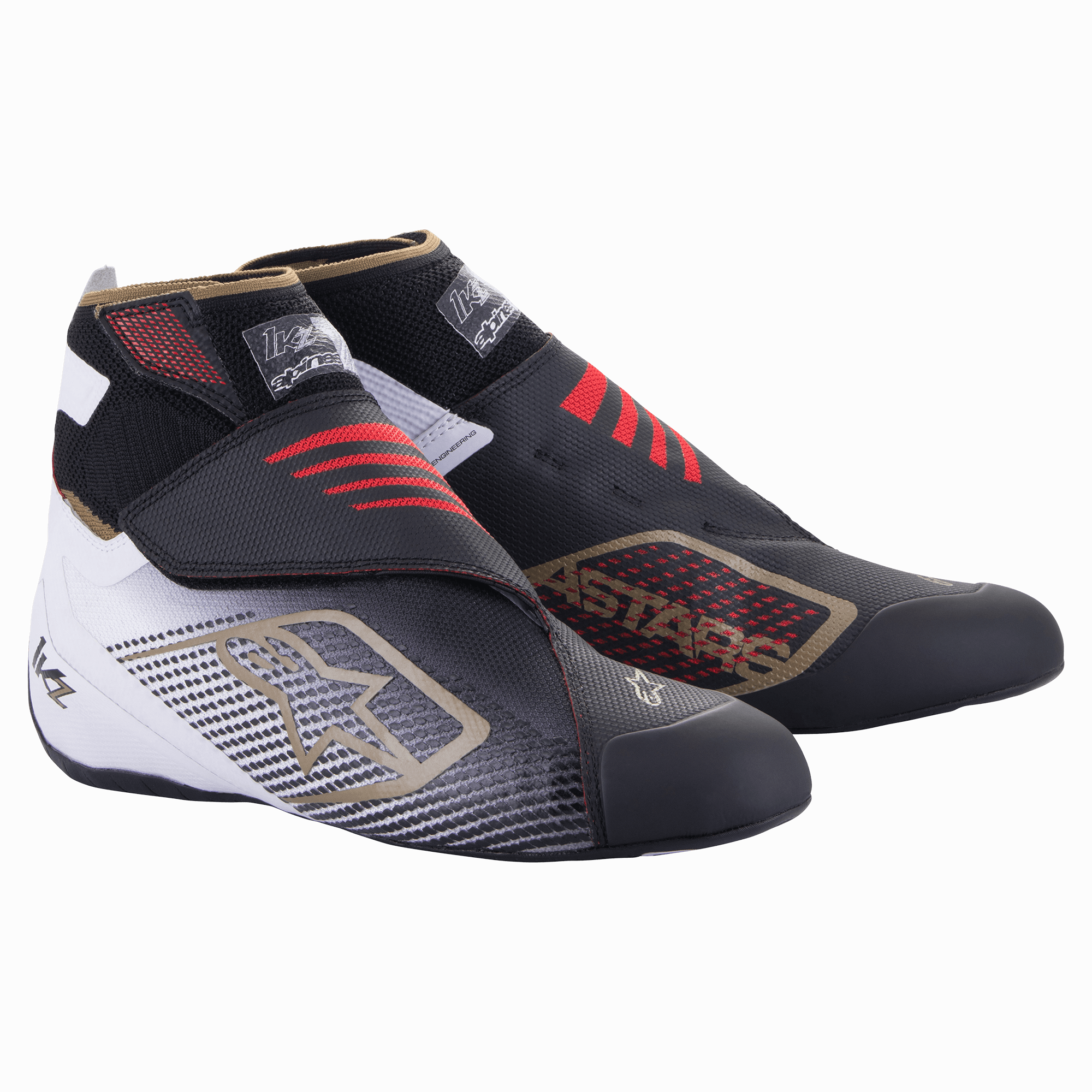Alpinestars Tech-1 KZ V2 Shoes, Karting Racing Shoes, Black White and Gold with Red accents, featuring a seamless knitted upper and dual strap closure, protective toe cap, gold star logo detailing, high ankle support for precision karting performance