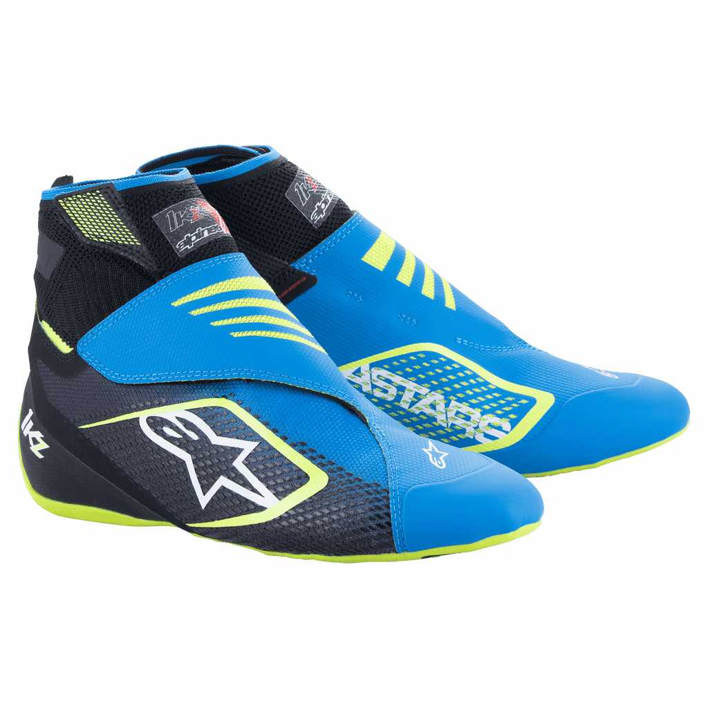 Alpinestars Tech-1 KZ V2 Karting Shoes, Blue Black and Yellow Fluo, featuring a seamless knitted upper, dual ankle strap closure, large white star logo on the side, sleek lightweight design for motorsport