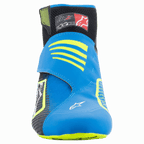 Alpinestars Tech-1 KZ V2 Shoes, Karting Shoes, Black Enamel Blue and Yellow Fluo, front view showing the seamless knitted upper, vibrant blue strap with yellow accents, and black ankle collar.