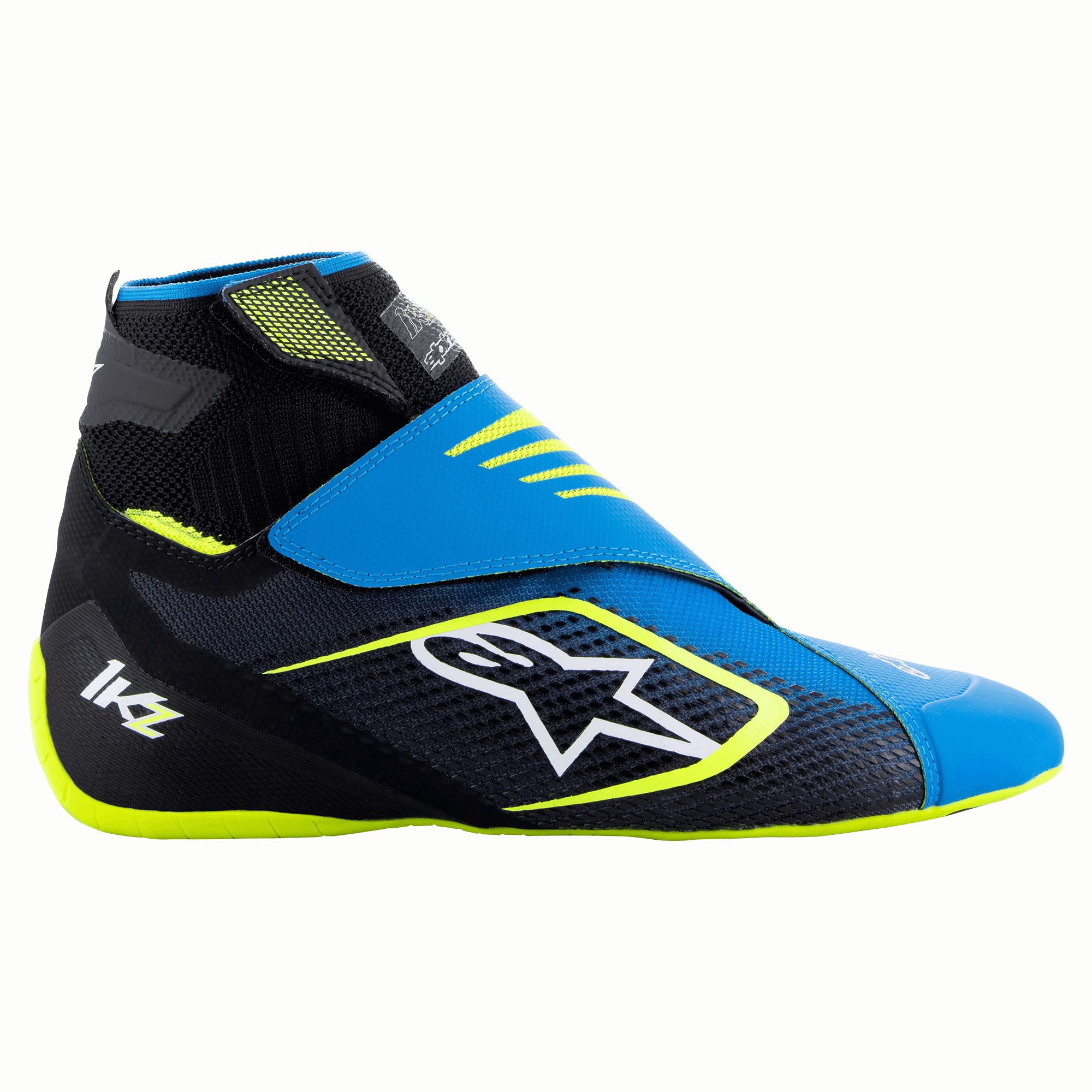 Alpinestars Tech-1 KZ V2 Shoes, Karting Shoes, Black Enamel Blue and Yellow Fluo, lateral side view showing the knitted upper, dual strap closure, and prominent white Alpinestars logo, designed for pedal sensitivity in motorsport.