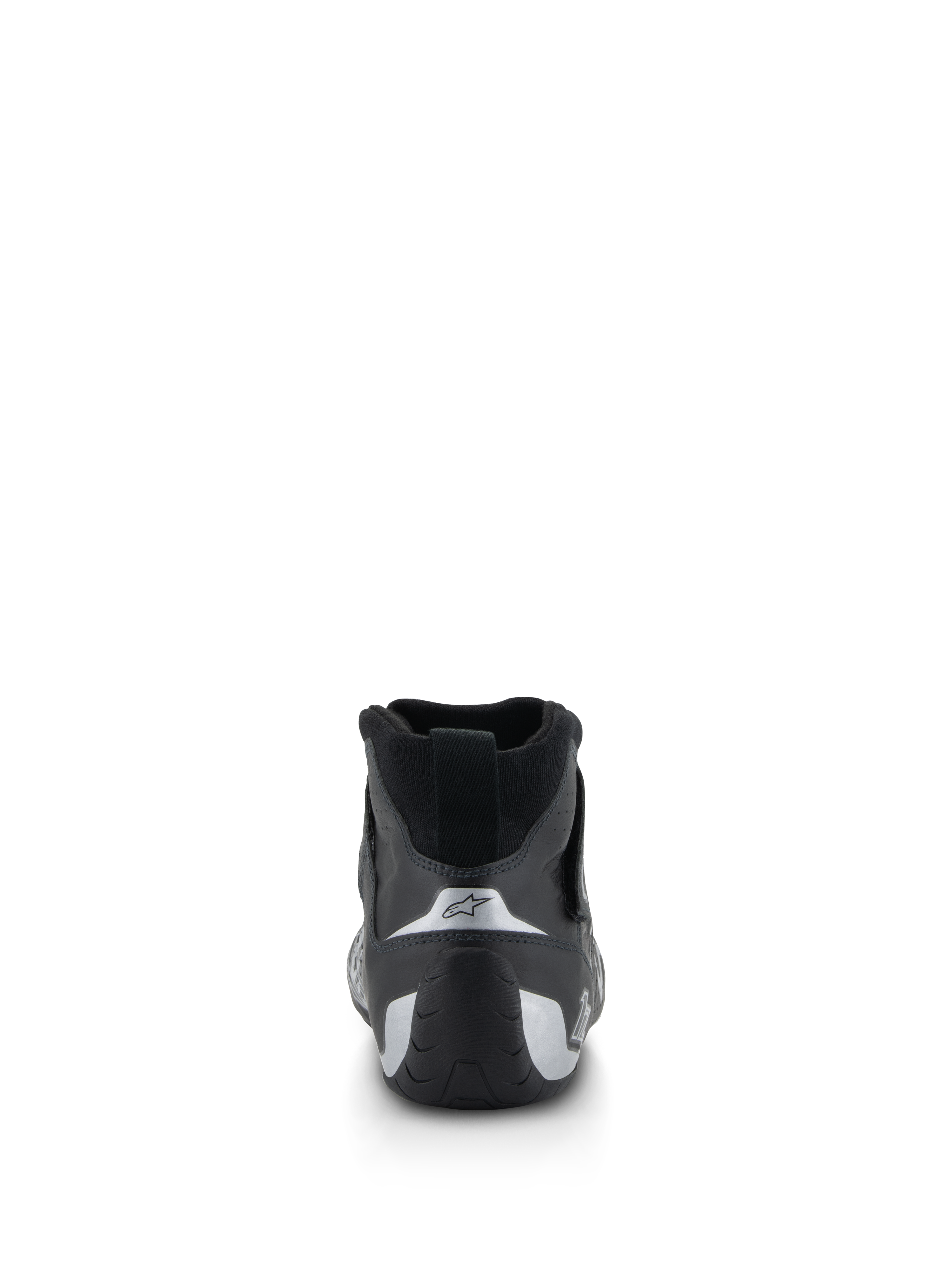 Alpinestars Tech-1 Z V3 Shoes FIA, Auto Racing Shoes, Black and Silver, rear view showing contoured heel with silver accents and star logo, professional motorsport footwear