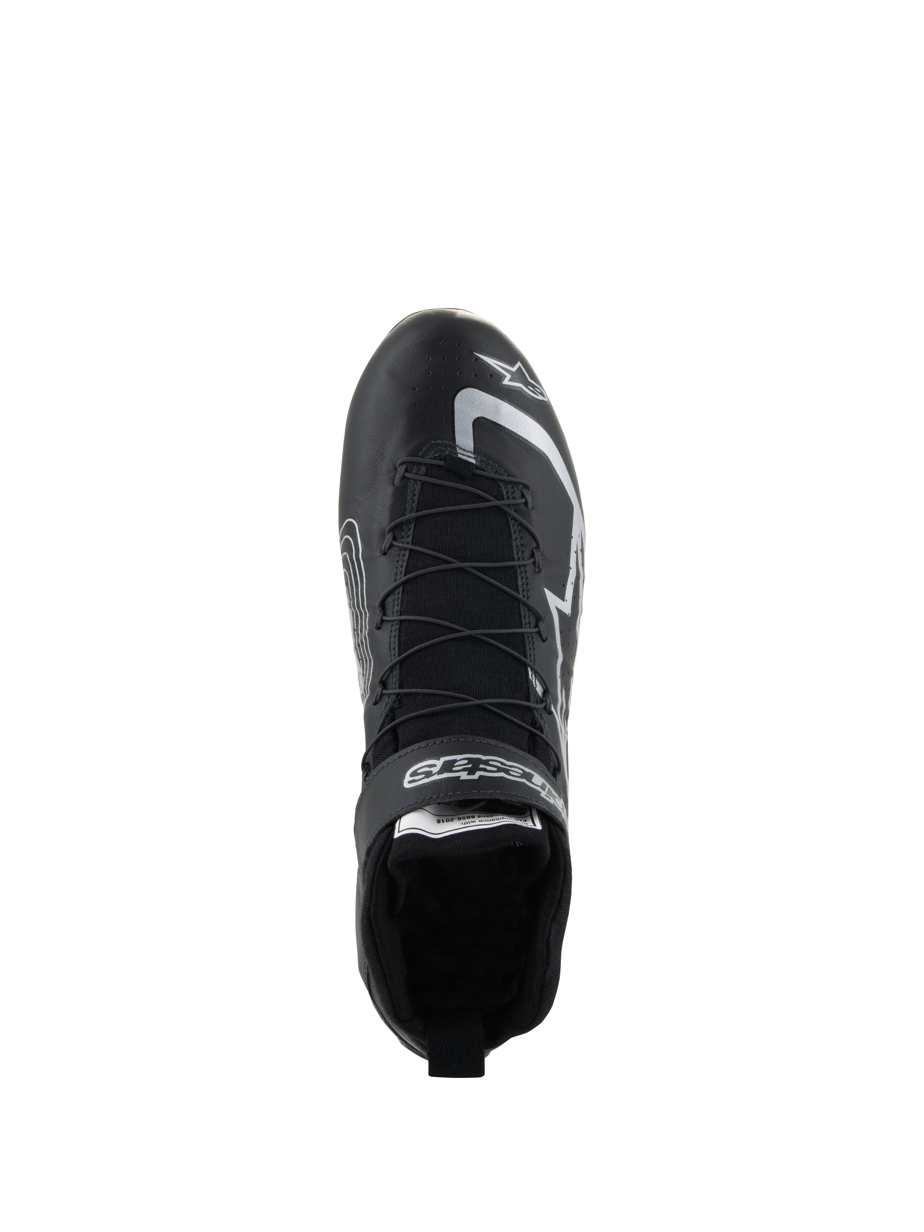 Alpinestars Tech-1 Z V3 Shoes FIA, Auto Racing Shoes, Black and Silver, overhead view showing speed lacing system and Alpinestars branding, professional bovine leather motorsport footwear