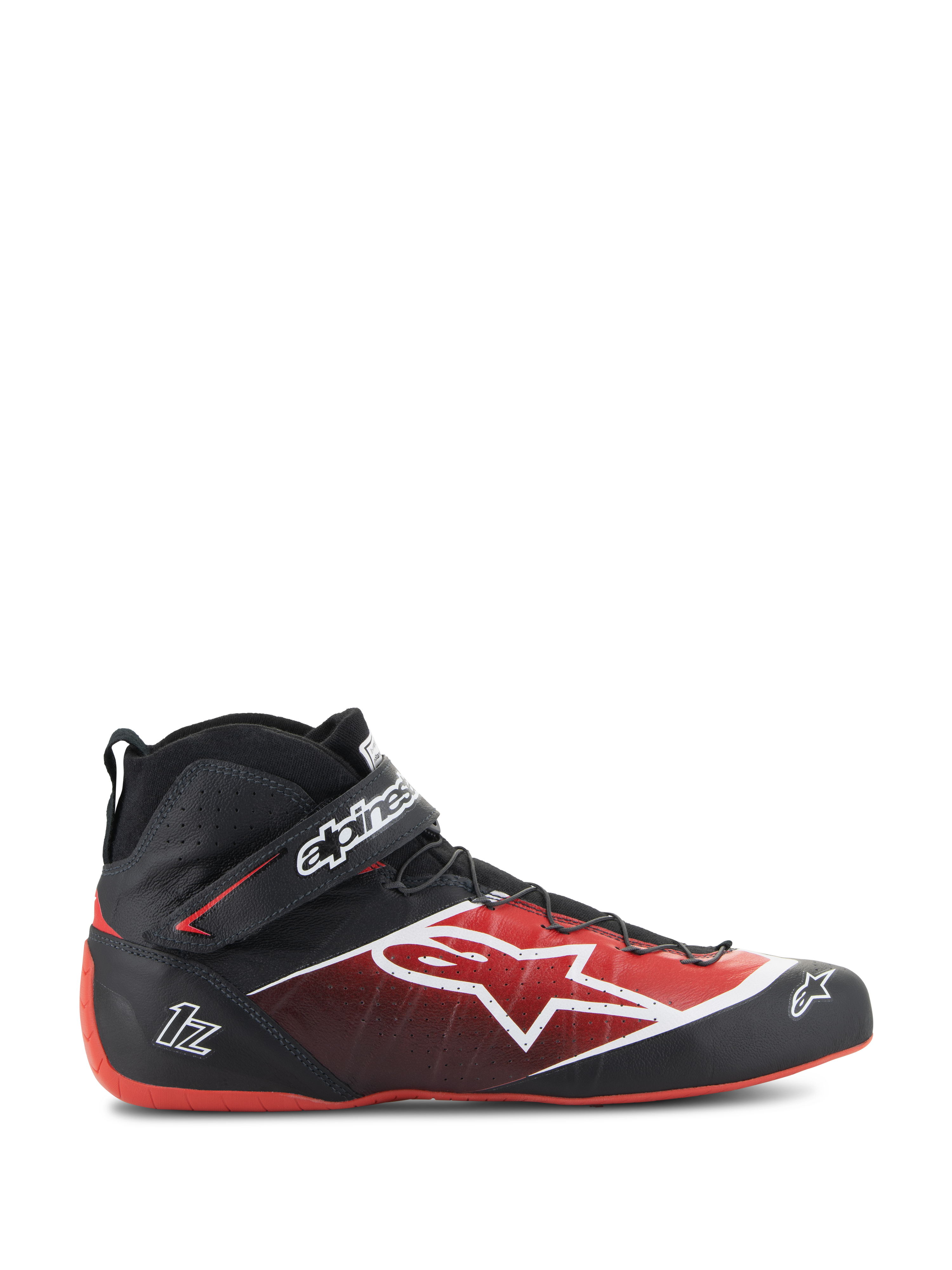 Alpinestars Tech-1 Z V3 Shoes FIA, Auto Racing Shoes, Black and Red, high-top design with white star logo, glossy finish with textured perforations, red curved sole, FIA certified, ankle strap with branding, streamlined motorsport footwear