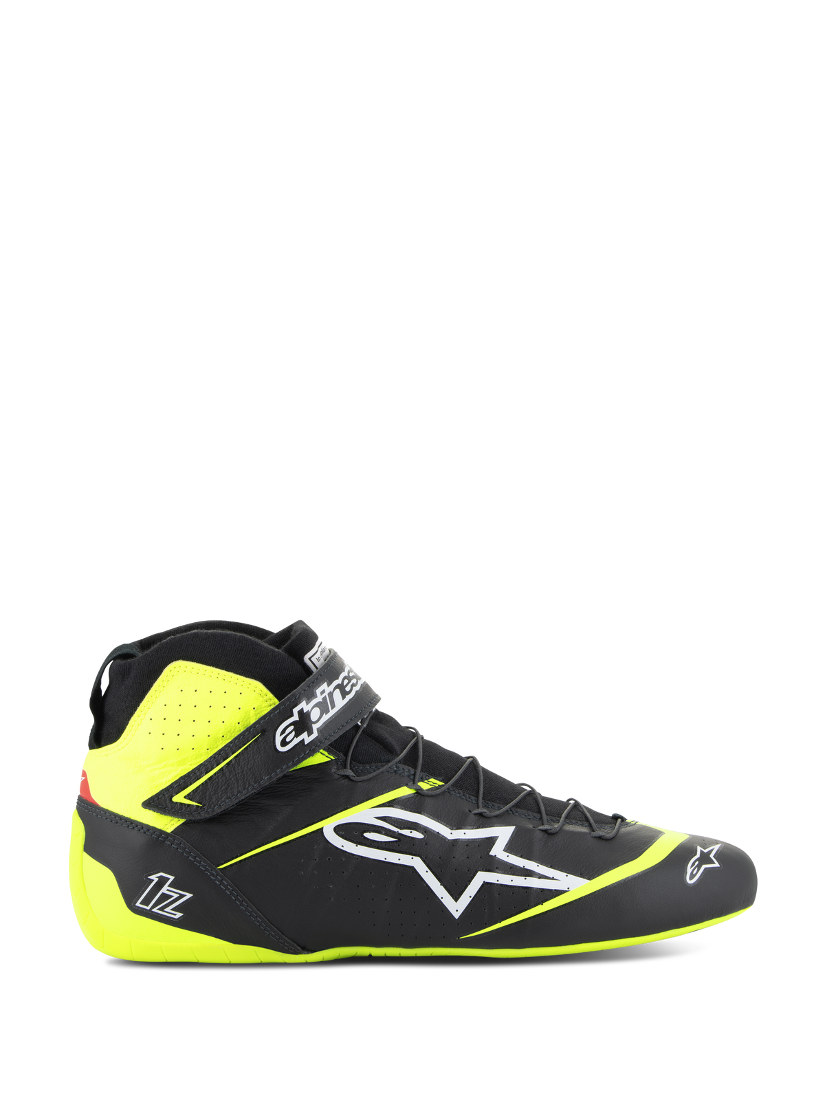 Alpinestars Tech-1 Z V3 Shoes FIA, Auto Racing Shoes, Black and Yellow Fluo, side profile of high-top motorsport footwear, white star logo, perforated design for breathability, adjustable ankle strap, thin rubber sole.