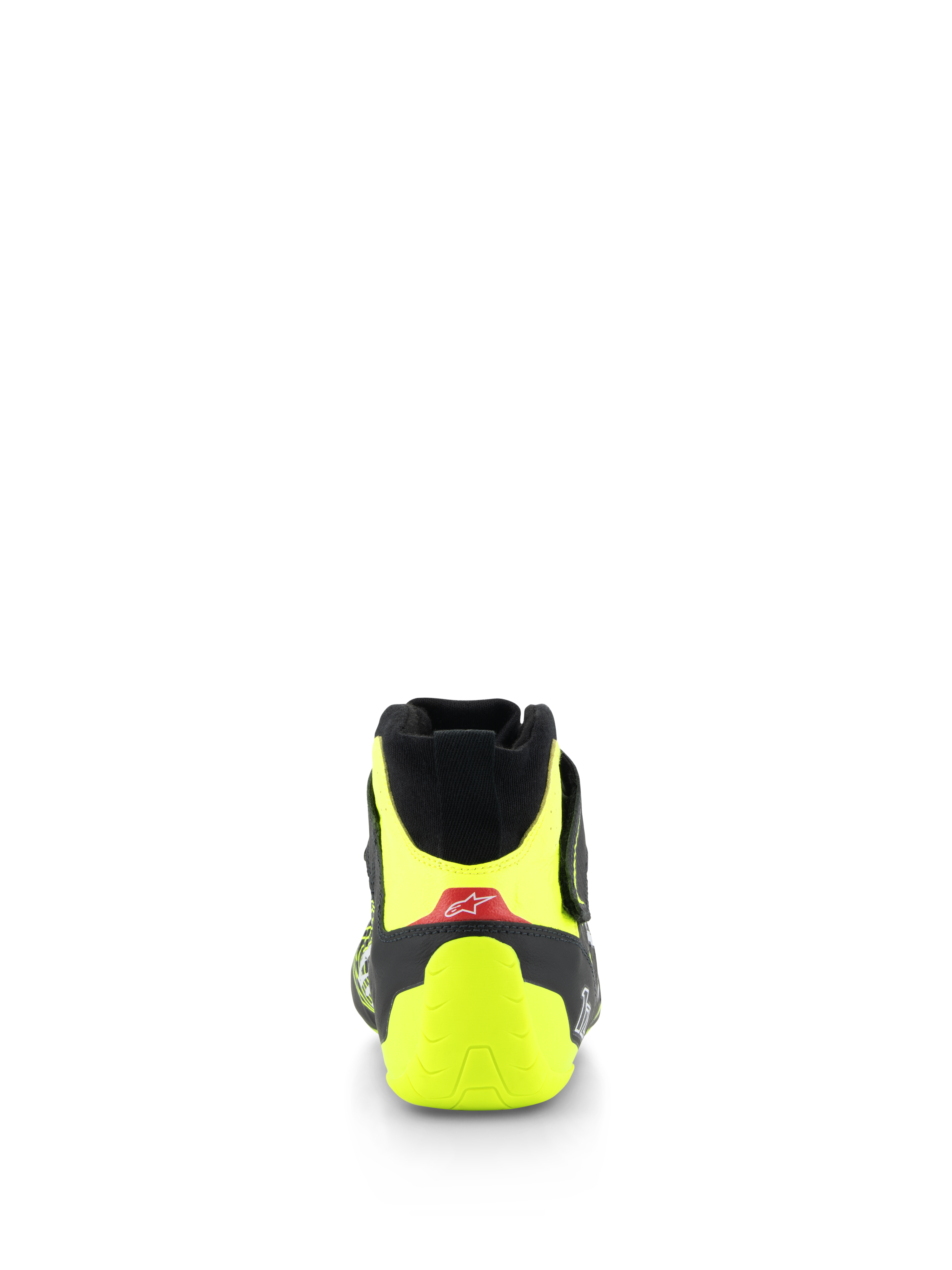 Alpinestars Tech-1 Z V3 Shoes FIA, Auto Racing Shoes, Black and Yellow Fluo, Rear view showing fluorescent yellow heel counter and red accent with white logo, professional motorsport footwear
