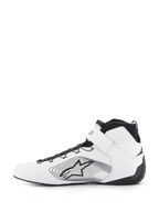 Alpinestars Tech-1 Z V3 Shoes FIA, Auto Racing Shoes, White and Black, side profile of premium leather racing shoe featuring black speed lacing, white ankle strap, and Alpinestars star logo with linear graphic on the side