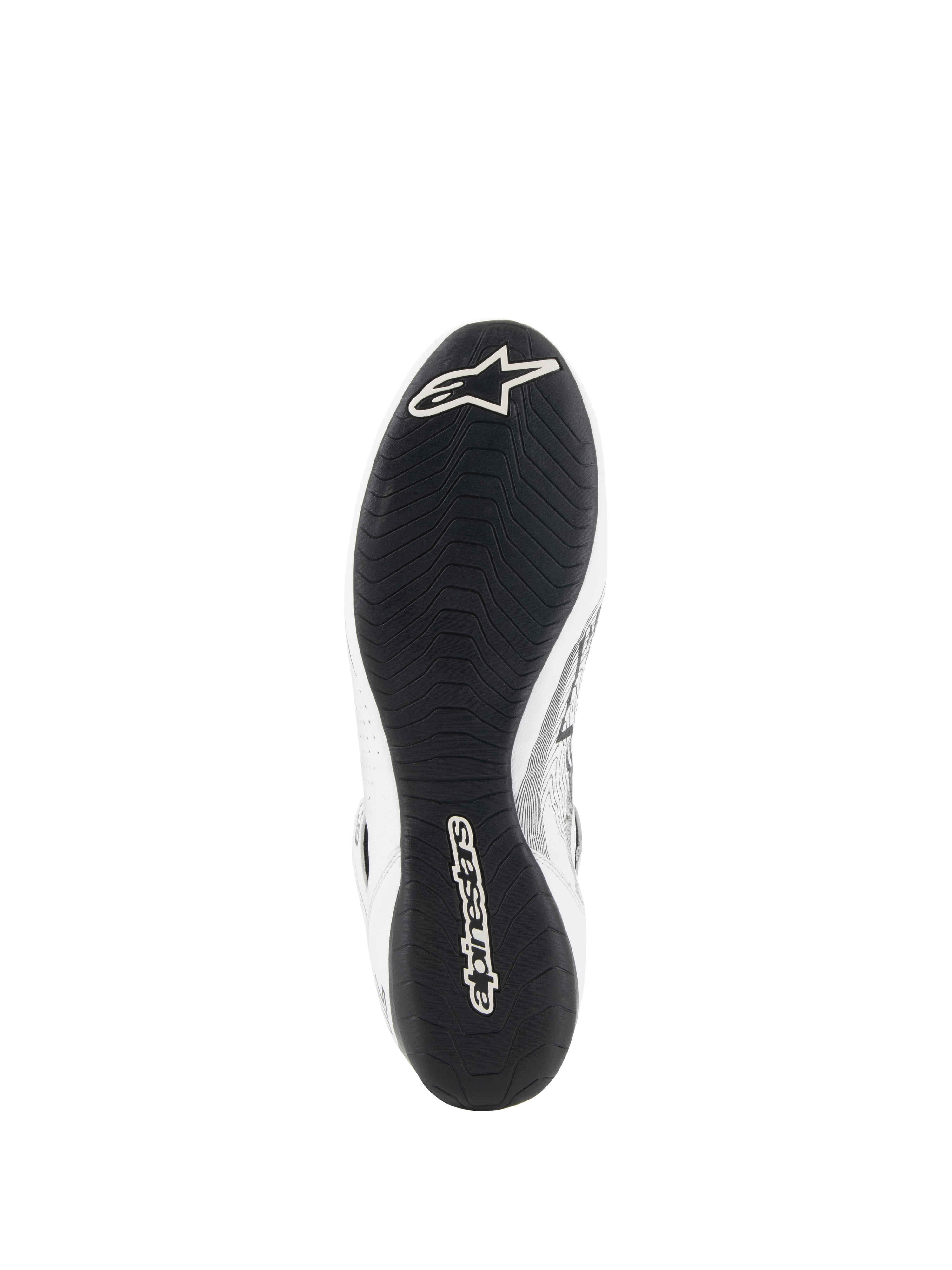 Alpinestars Tech-1 Z V3 Shoes FIA, Auto Racing Shoes, White and Black, bottom view showing the F1-derived thin rubber outsole with asymmetric tread, white Alpinestars logo on the toe and branding on the heel