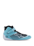 Alpinestars Tech-1 Z V3 Shoes FIA, professional auto racing shoes, Light Teal, White and Black, high-top design with Velcro ankle strap, perforated bovine leather upper, speed lacing system, lateral profile view showing Alpinestars star logo and FIA certified construction