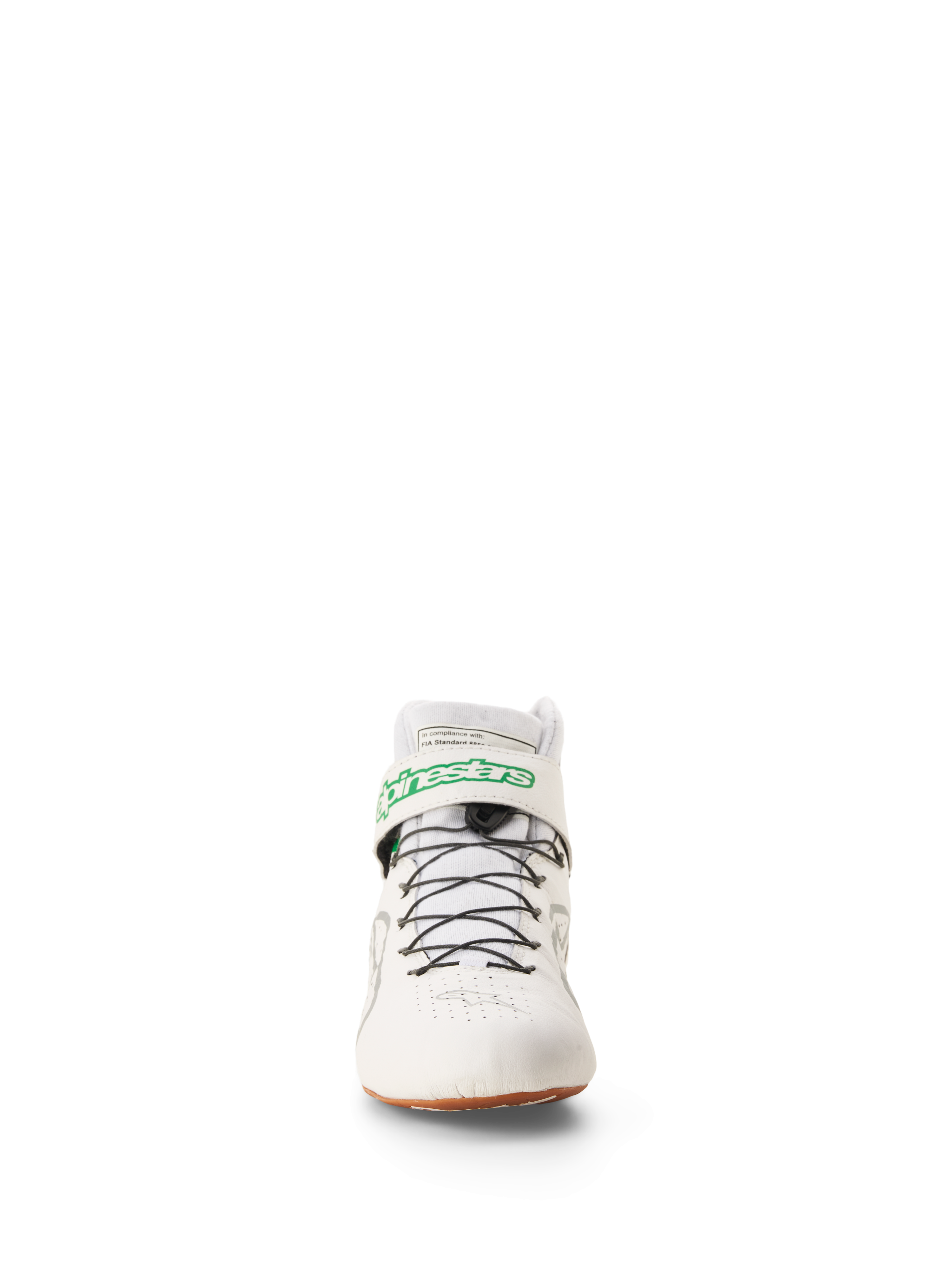 Alpinestars Tech-1 Z V3 Shoes FIA, Racing and Karting Shoes, White Green Gum Silver, front view featuring green Alpinestars logo on the ankle strap, black speed lacing system, and gum rubber sole, professional motorsport footwear