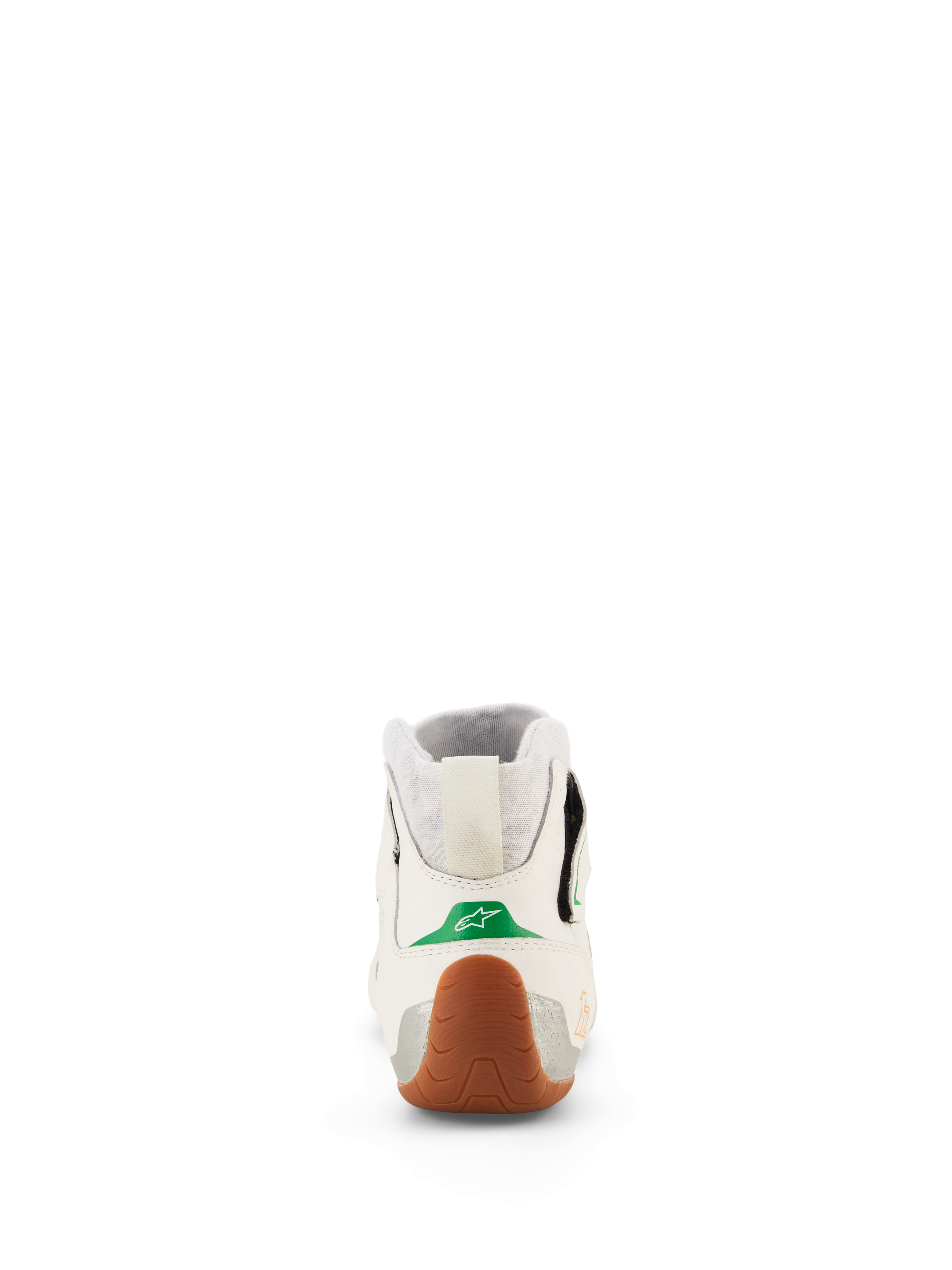 Alpinestars Tech-1 Z V3 Shoes FIA, Karting and Auto Racing Shoes, White Green Gum Silver, rear view featuring the green heel accent with a white star logo, textured gum rubber sole wrapping the heel, silver side panels, and knitted stretch collar.