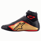 Alpinestars Supermono V2 Shoes FIA, Auto Racing Shoes, Black Gold and Red, side profile view featuring a sleek one-piece leather construction, gold side panel with black star logo, red accents, and a ribbed elastic collar.