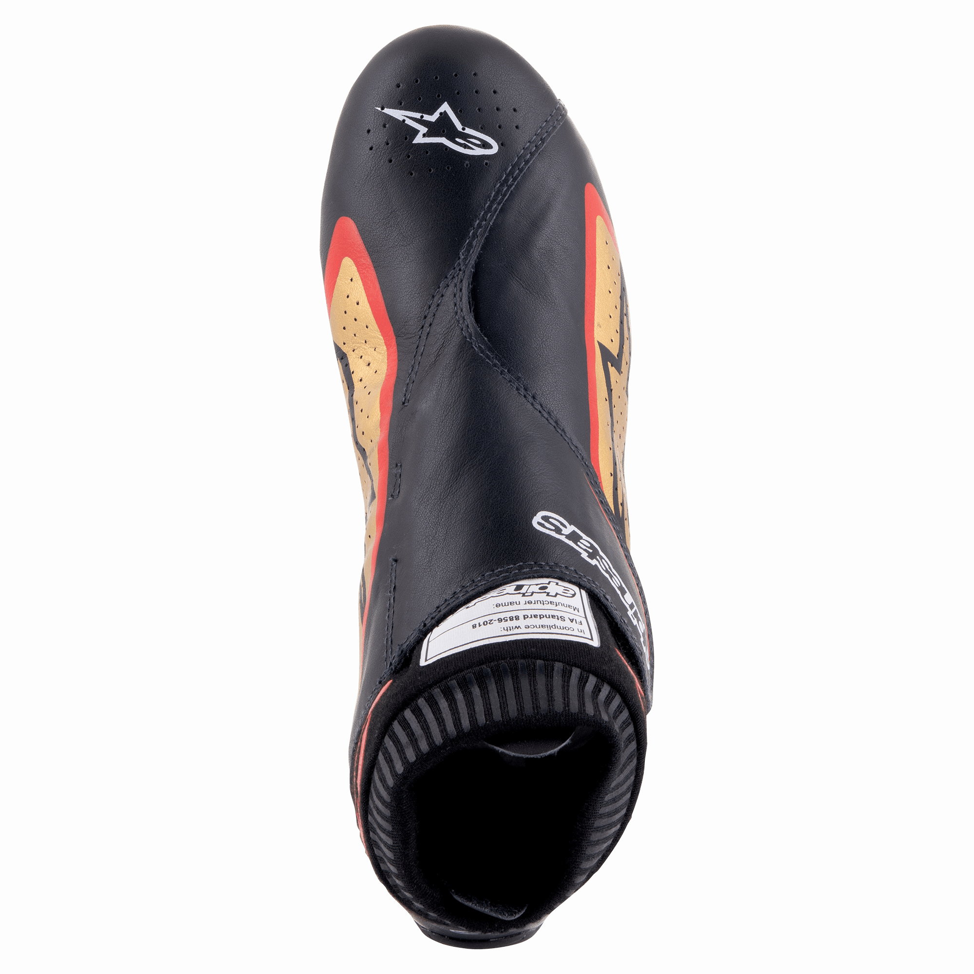 Alpinestars Supermono V2 Shoes FIA, Black Gold Red, top-down view of ultra-lightweight racing shoe, premium black leather with gold and red side accents, perforated zones for ventilation, and Alpinestars logo on the toe.