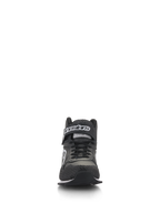 Alpinestars Radar Shoes, Auto Racing Pit Crew Shoes, Black and White, front view showing black laces and a hook-and-loop ankle strap with white branding, perforated leather upper with reinforced toe, professional pit crew footwear