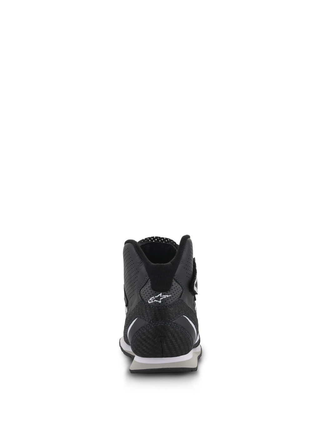 Alpinestars Radar Shoes, Auto Racing Pit Crew Footwear, Black and White, rear view highlighting the reinforced carbon leather heel with white Astars logo, perforated leather panels, and ergonomic low-cut collar