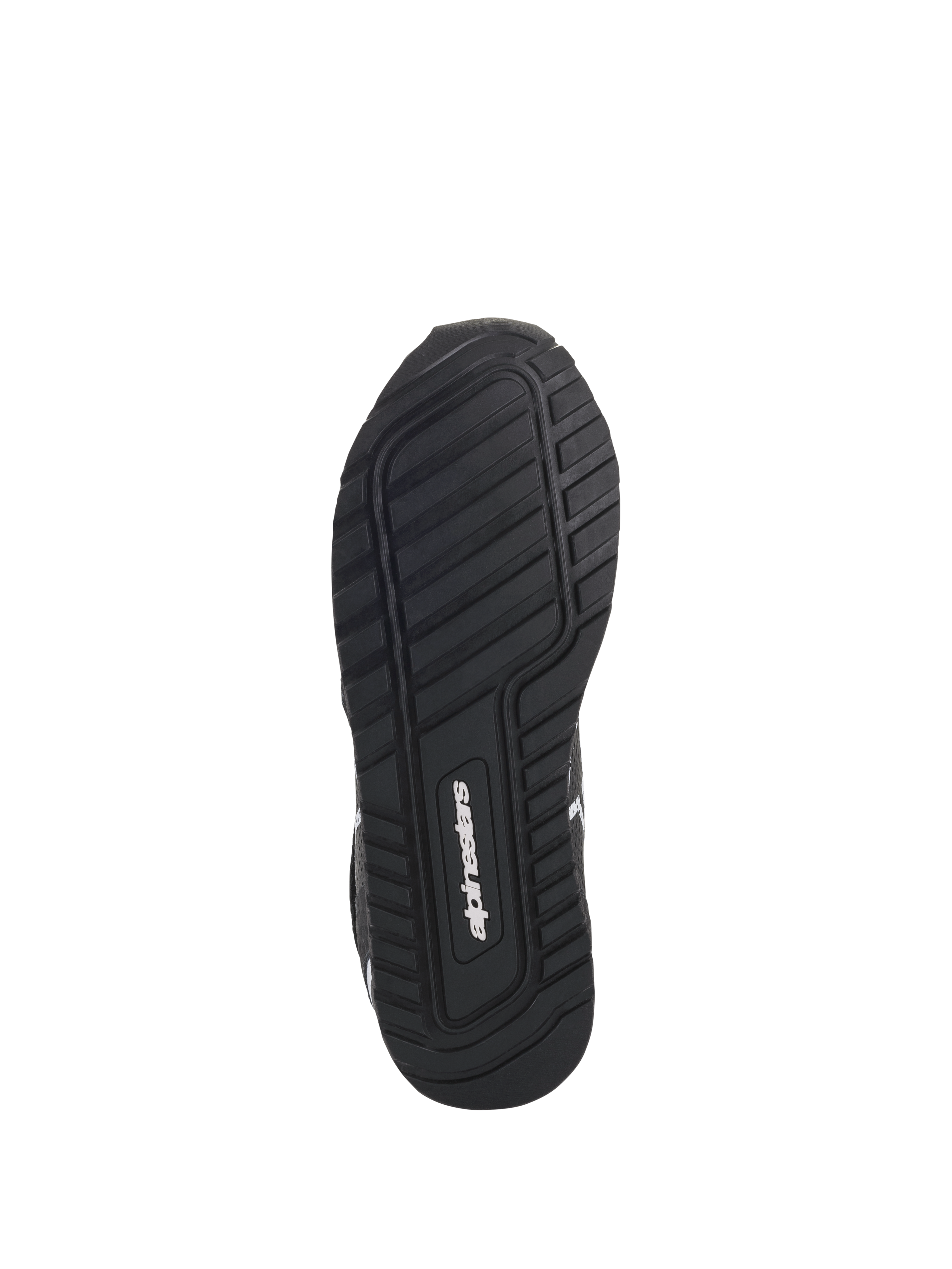 Alpinestars Radar Shoes, Black and White, bottom view showing the exclusive rubber compound sole with textured tread pattern for grip and stability, featuring the Alpinestars logo in the center.